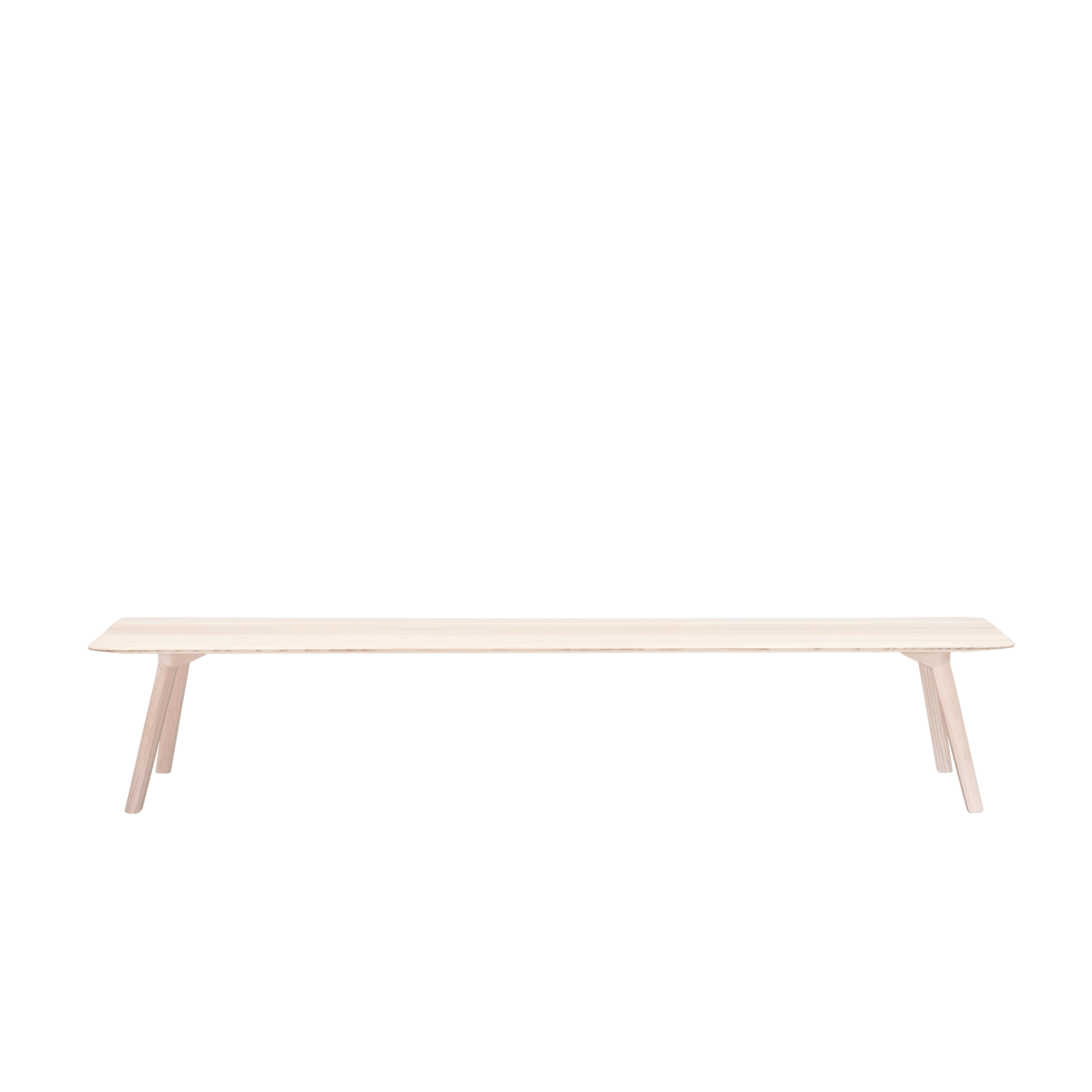 The Meyer Bench by Objekte unserer Tage, crafted from solid ash with a light finish and four angled legs, offers a minimalist, filigree appearance against a white background.