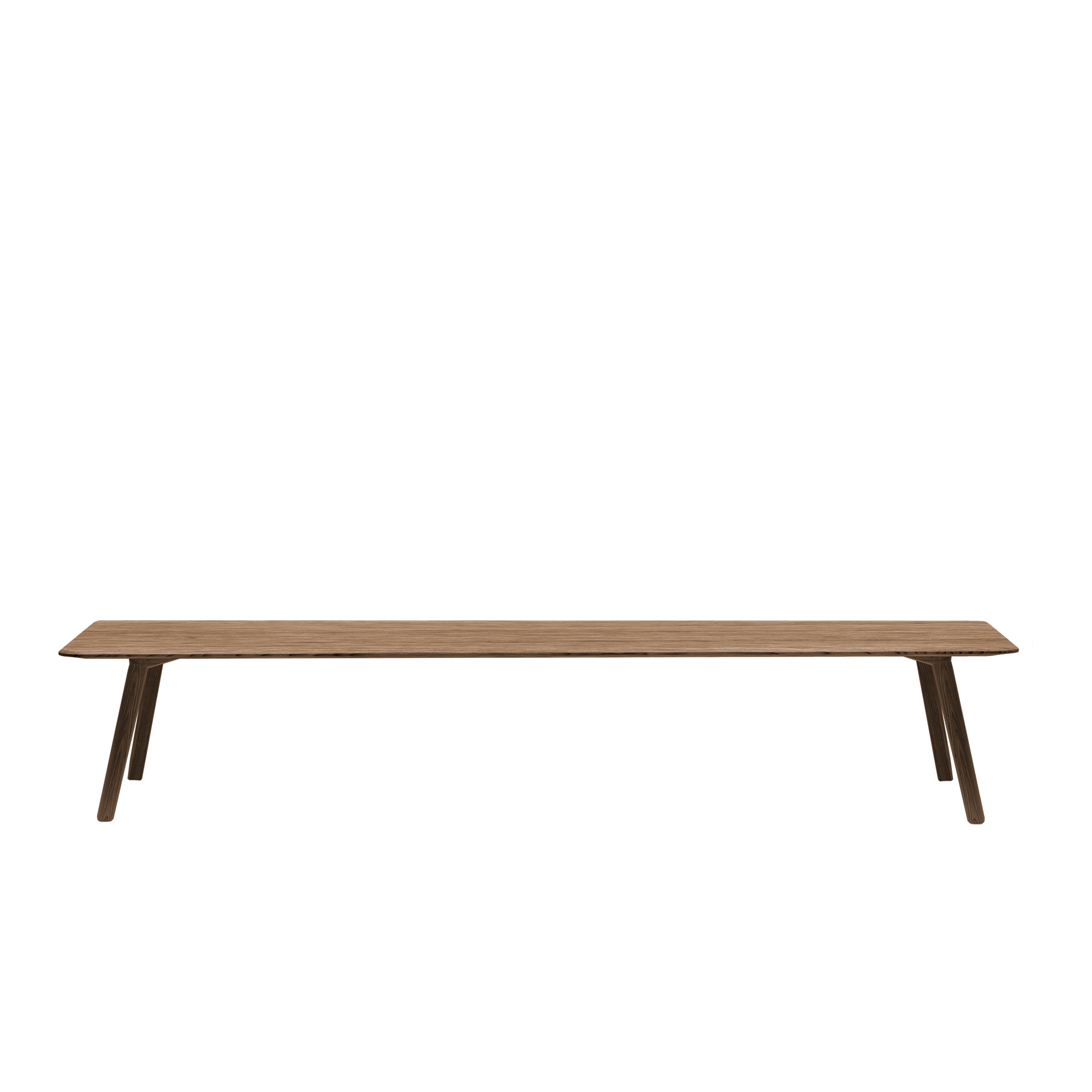 The Meyer Bench by Objekte unserer Tage is a minimalist piece crafted from solid ash, featuring a flat seat and simple angled legs. Set against a plain white background, its sleek design exudes subtle elegance and a filigree appearance.