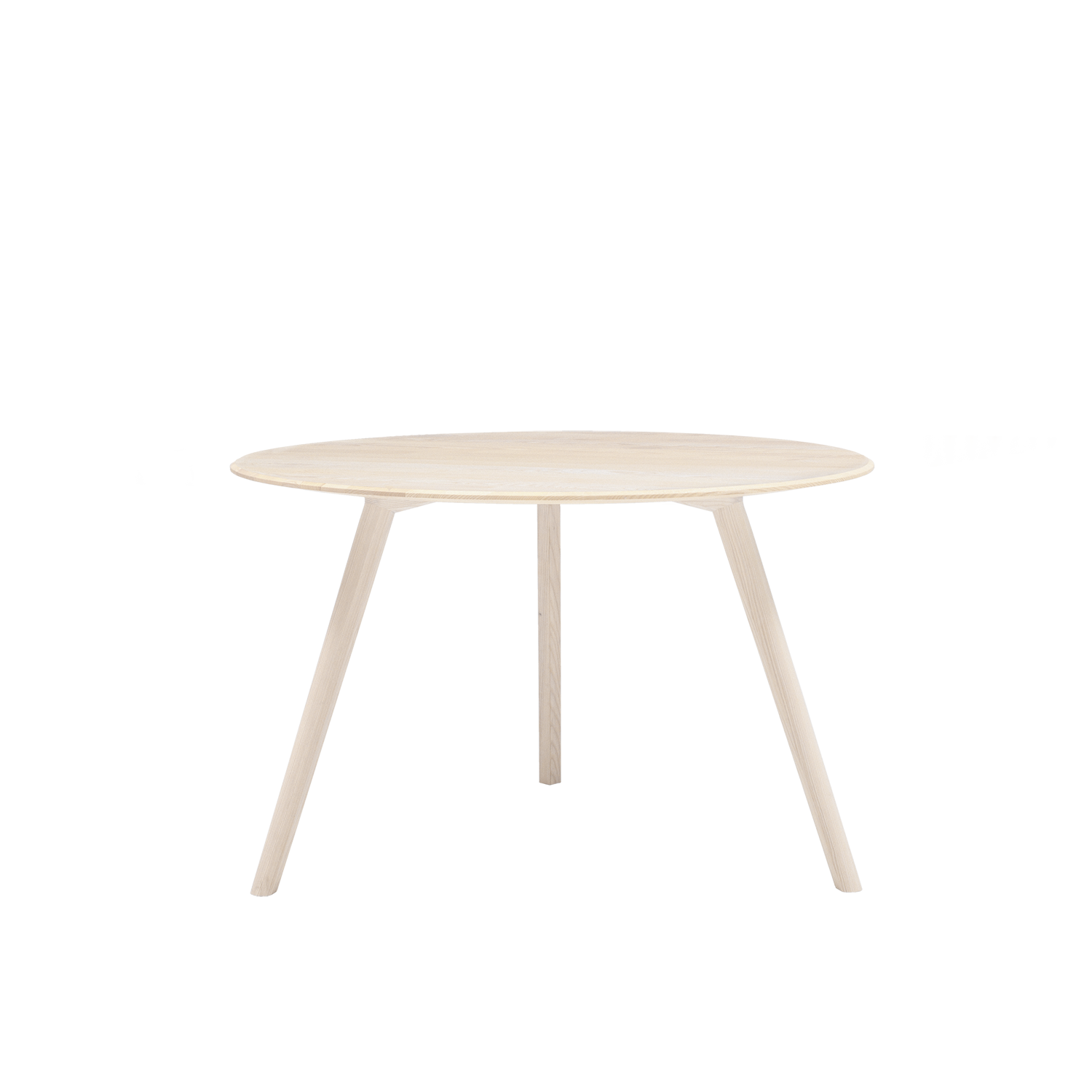 The Meyer Table Round by Objekte unserer Tage features a minimalist design with a solid ash wood round top and three evenly spaced legs. Its smooth finish highlights the natural grain, providing comfortable legroom. Set against a white background, its both simple and sophisticated.