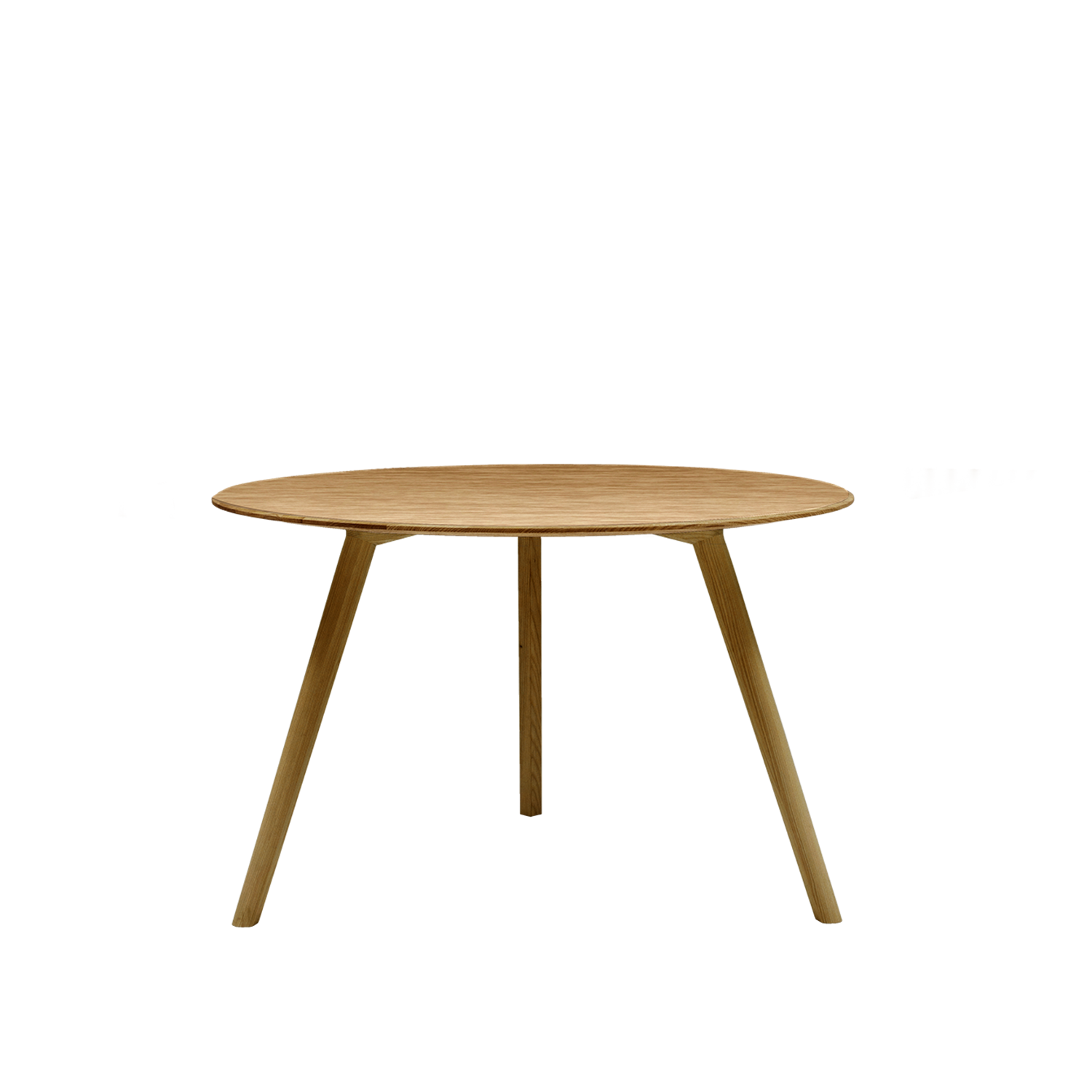 The Meyer Table Round by Objekte unserer Tage is a round, wooden table made from solid ash wood with three legs. It features a smooth, natural finish and minimalist design that ensures comfortable legroom, set against a plain white background.