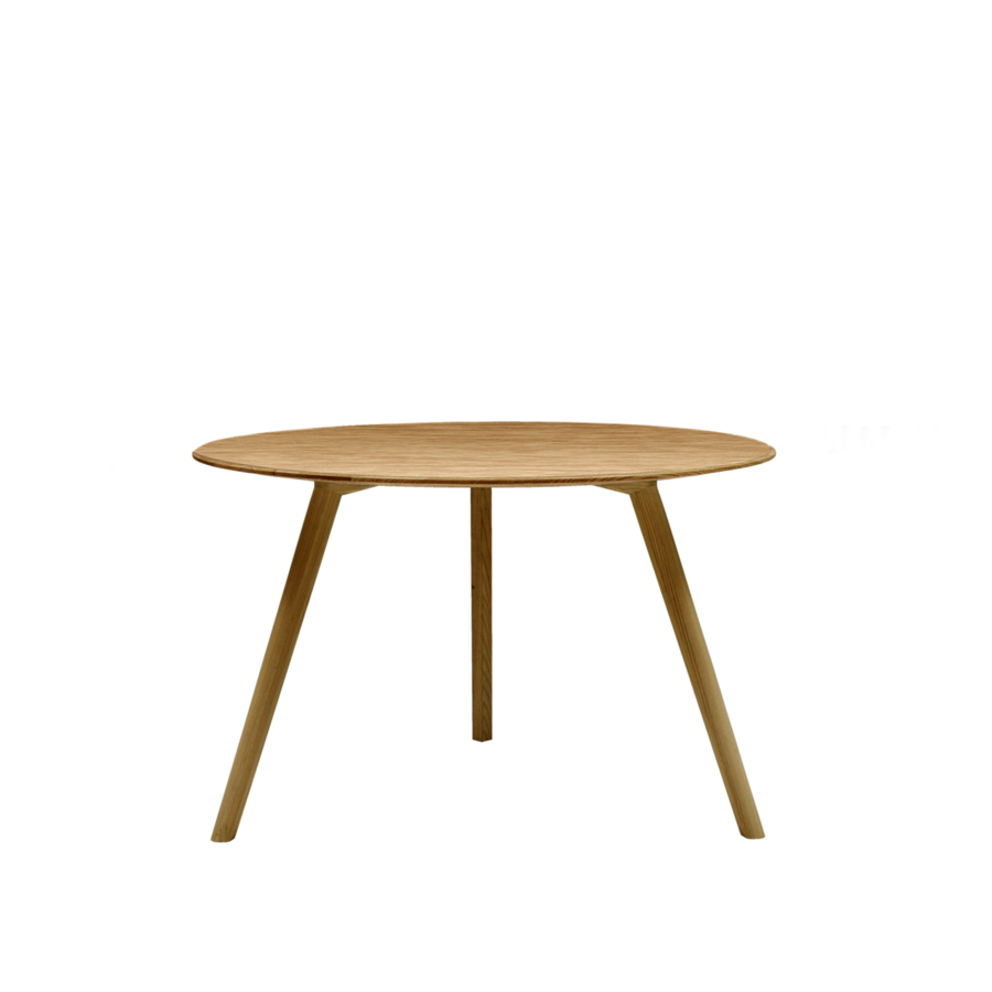 The Meyer Table Round by Objekte unserer Tage is an elegant ash wood dining table with a sleek round surface and slender, angled legs against a pristine white background.