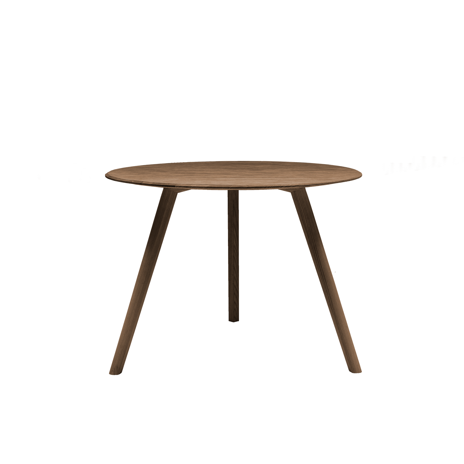 The MEYER Table Round by Objekte unserer Tage is crafted from solid ash wood with a smooth surface and natural finish. Its four angled legs enhance the elegant design, making it stylish and functional.