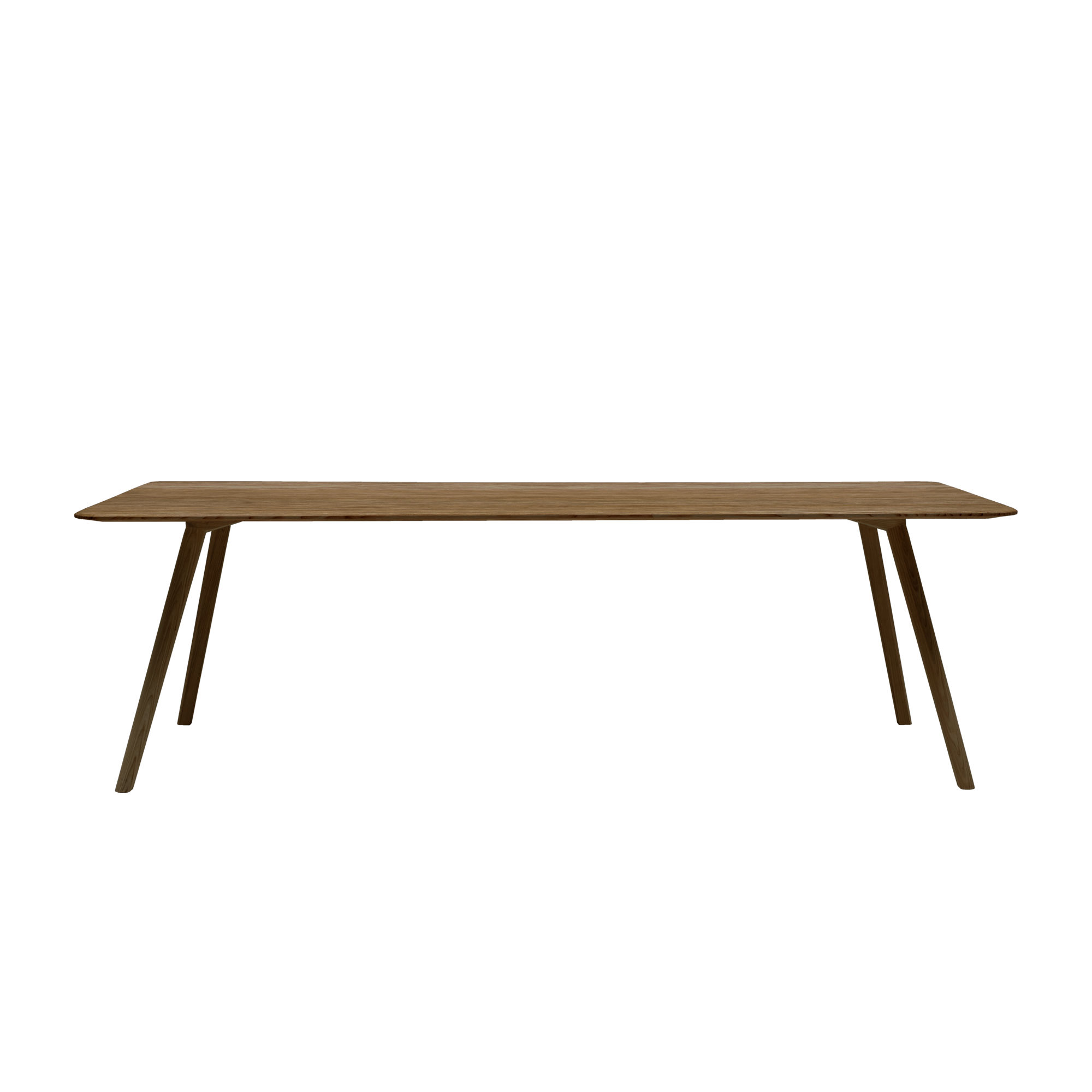 The Meyer Table by Objekte unserer Tage showcases a minimalist design with a flat rectangular top and inverted V shaped angled legs, made from solid ash with a smooth, natural finish that highlights its elegant simplicity.