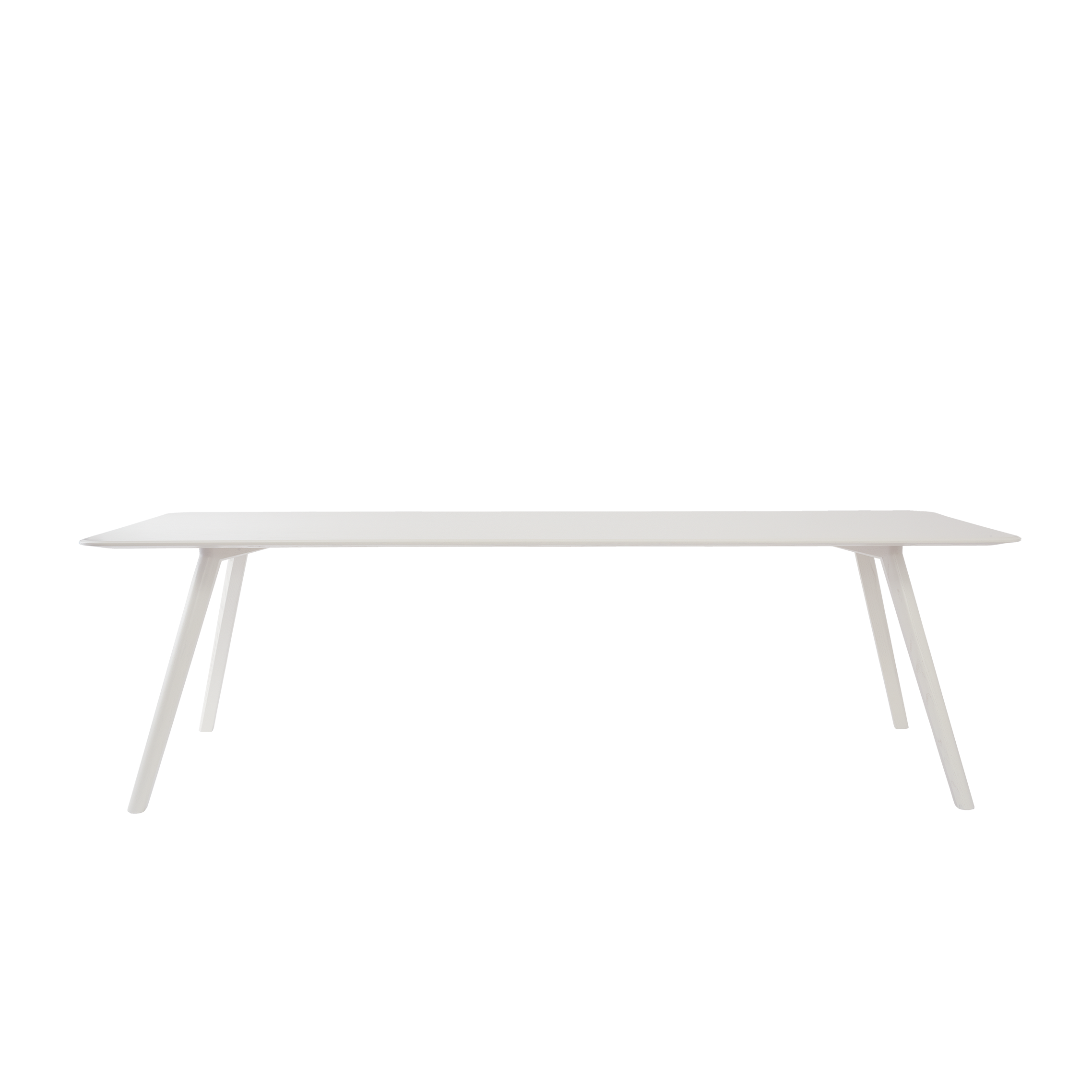 The Meyer Table by Objekte unserer Tage is a minimalist design with a white rectangular top and four angled solid oak legs, set against a bold black background.