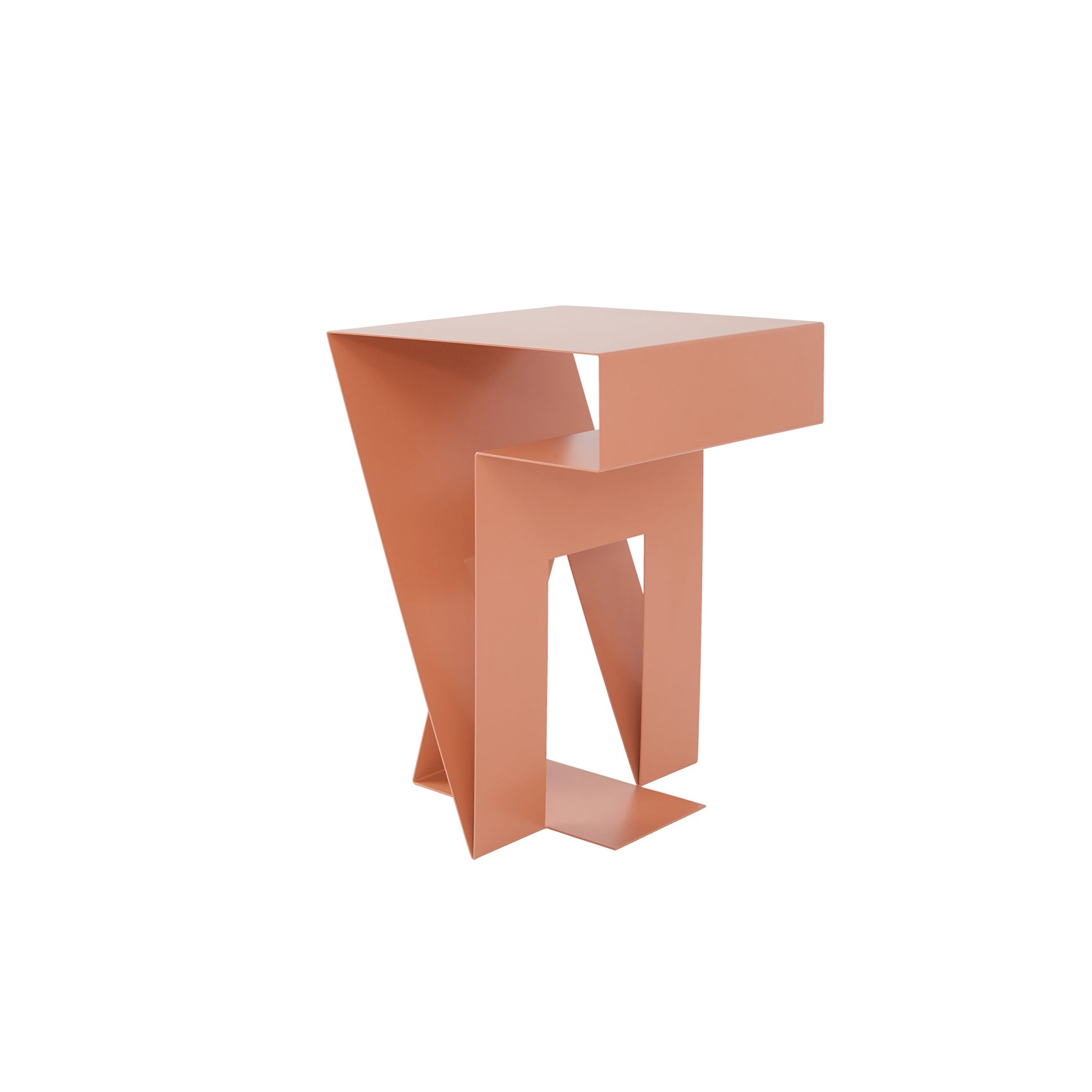 The Neumann Sidetable by Objekte unserer Tage features a geometric design with modern angular aesthetics, showcasing a matte copper finish and artistic folded metal. Its sharp edges and asymmetrical structure are crafted through an innovative process that enhances its unique, contemporary appeal.