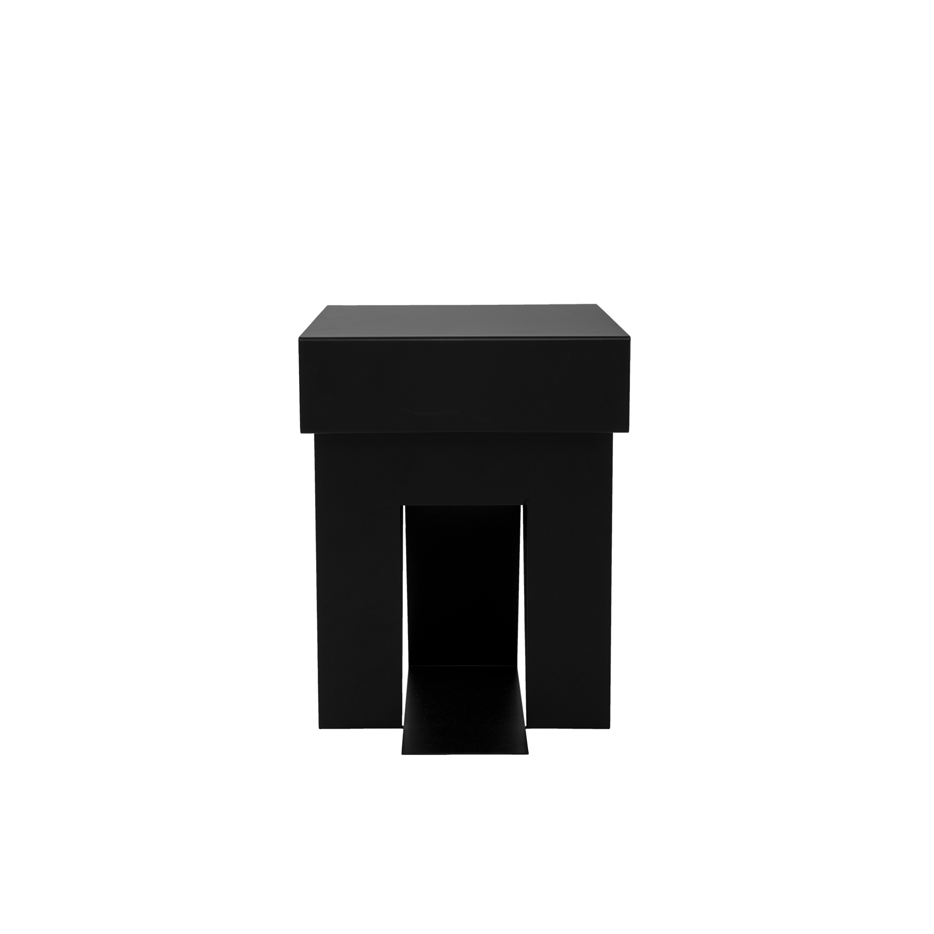 The black, minimalist metal stool has a box-like design similar to the Neumann Side Table by Objekte unserer Tage. It features a rectangular top, four legs, and an open area below, presented on a white background.