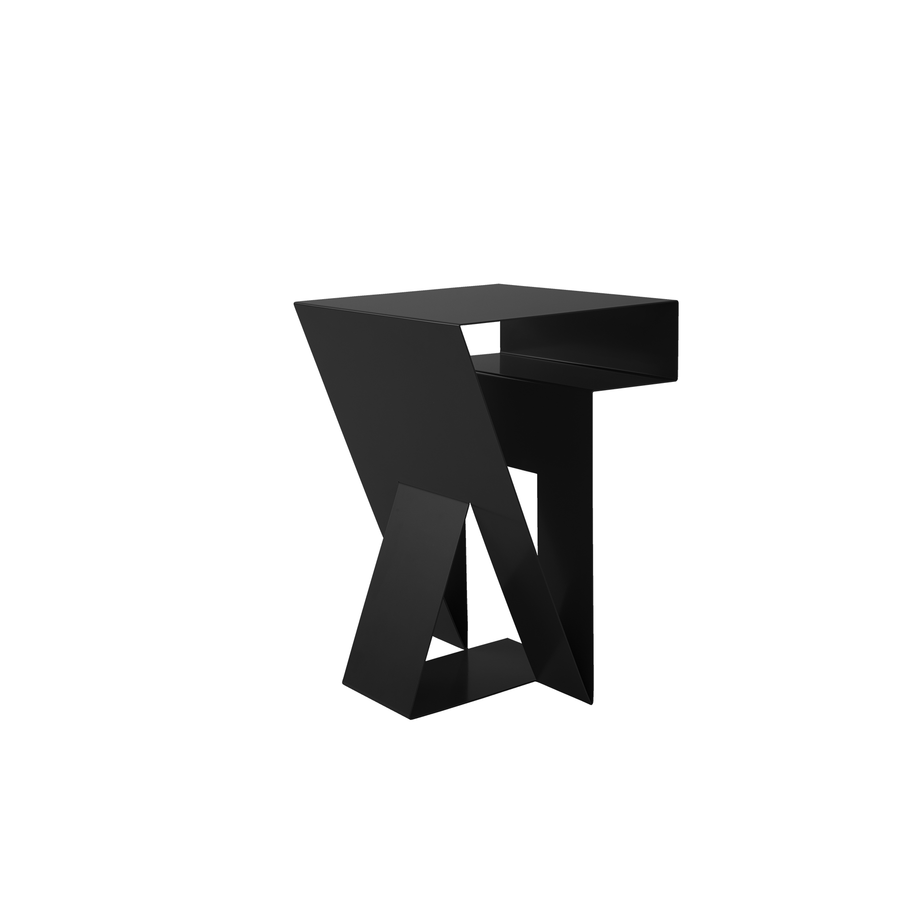 Introducing the Neumann Side Table by Objekte unserer Tage: a modern black geometric marvel with angular interlocking shapes, sharp lines, and a minimalist design embodying contemporary style and elegance.