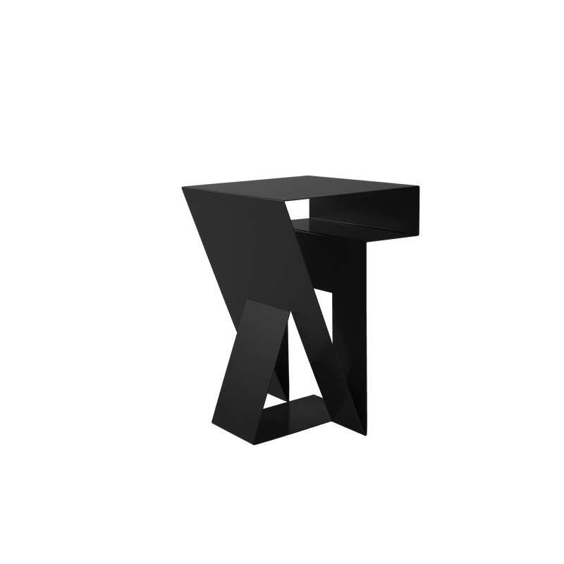 Introducing the Neumann Side Table by Objekte unserer Tage: a modern black geometric marvel with angular interlocking shapes, sharp lines, and a minimalist design embodying contemporary style and elegance.