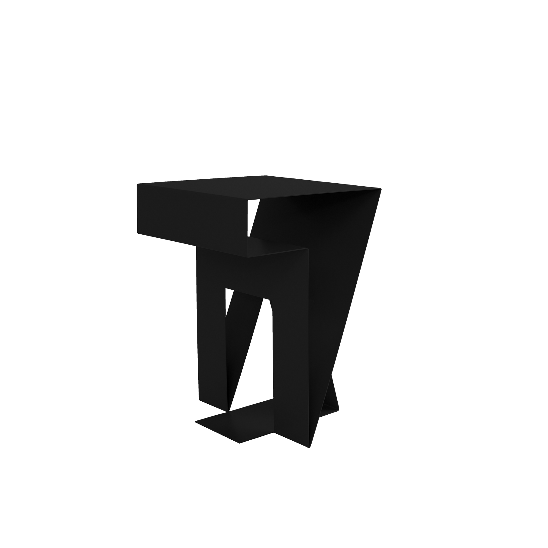 The Neumann Side Table by Objekte unserer Tage features a minimalist black geometric design with angular legs and a square top, enhanced by shadows that highlight its contemporary, three-dimensional look.