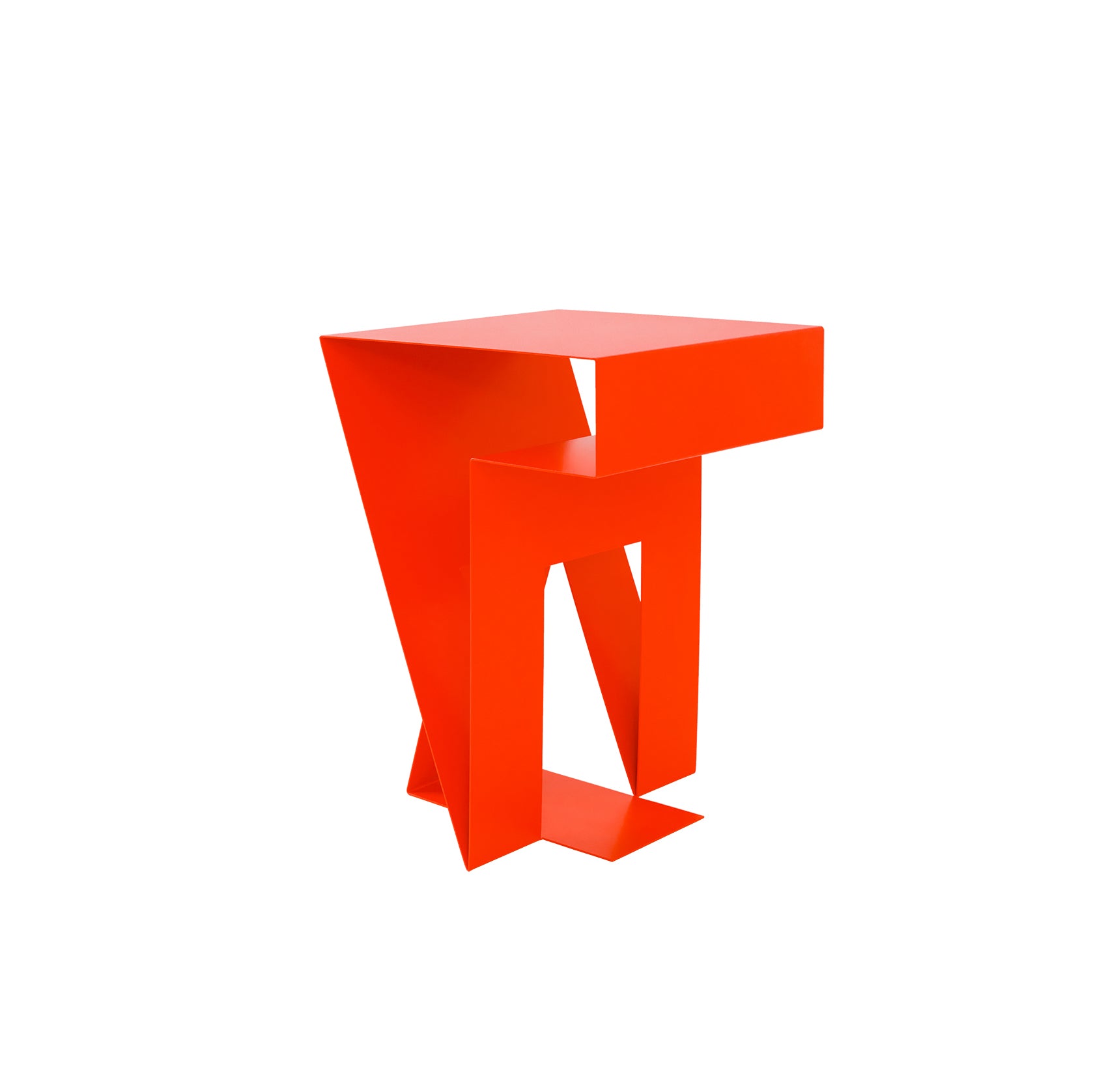 The Neumann Sidetable by Objekte unserer Tage showcases modern design with geometric orange lines and intersecting shapes, crafted through an innovative process, elegantly set against a plain white background.