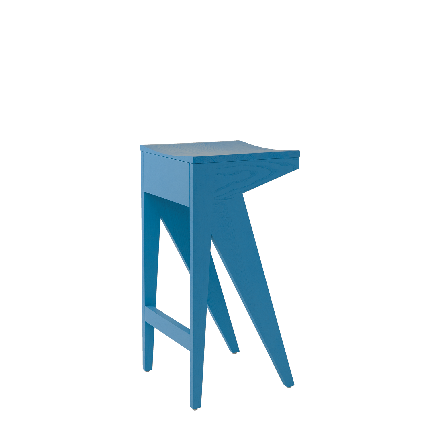Introducing the Schulz Barstool by Objekte unserer Tage: a blue, modern wooden piece with minimalist geometric design. Its uniquely angled legs and flat square seat create a dynamic silhouette, perfect for any contemporary space.