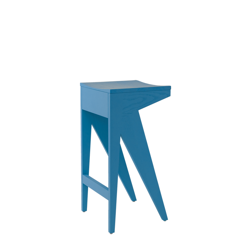 Introducing the Schulz Barstool by Objekte unserer Tage: a blue, modern wooden piece with minimalist geometric design. Its uniquely angled legs and flat square seat create a dynamic silhouette, perfect for any contemporary space.