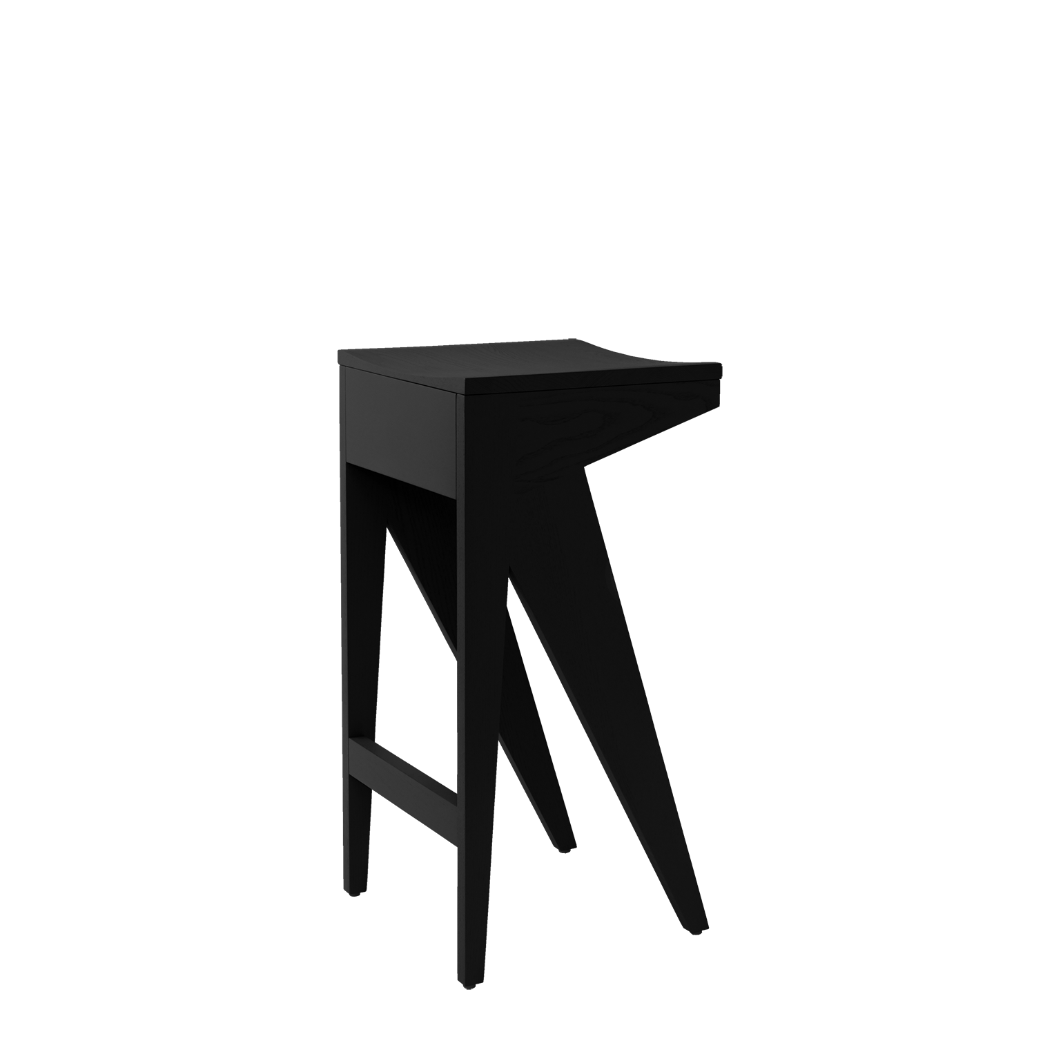 Explore the Schulz Barstool by Objekte unserer Tage: a sleek black wood piece with minimalist design, featuring angled legs and a square seat for a dynamic silhouette that merges style and functionality.