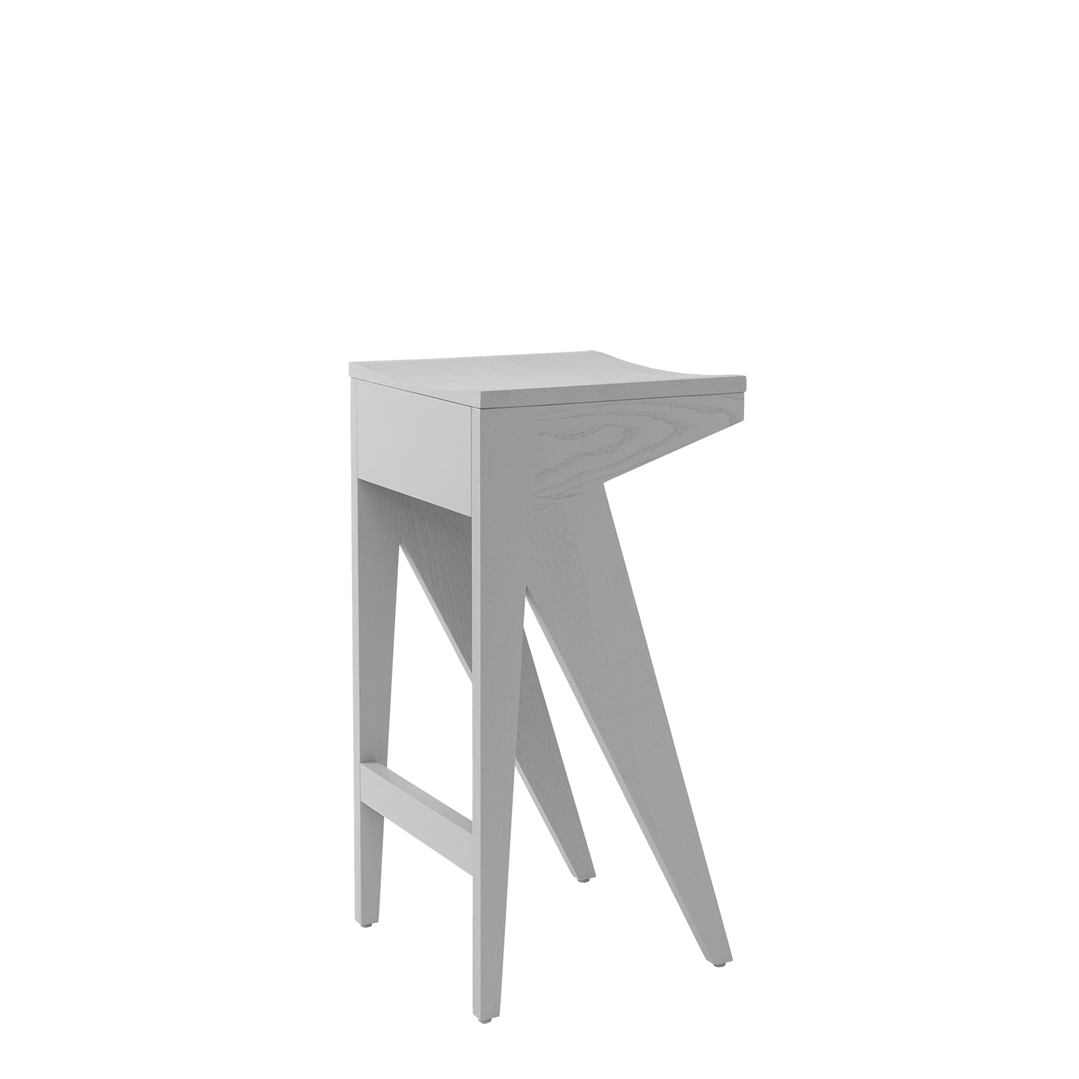 The Schulz Barstool by Objekte unserer Tage features a dynamic silhouette with its minimalist wooden design, light gray finish, flat top, and angled legs for a modern geometric look.