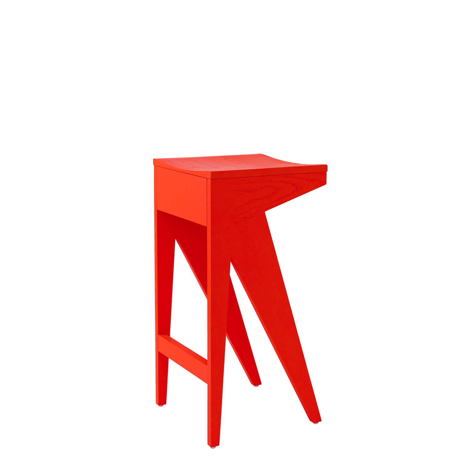 Introducing the Schulz Barstool by Objekte unserer Tage, showcasing a sleek red design with angular legs and a dynamic silhouette, perfectly crafted for minimalism and modern aesthetics.