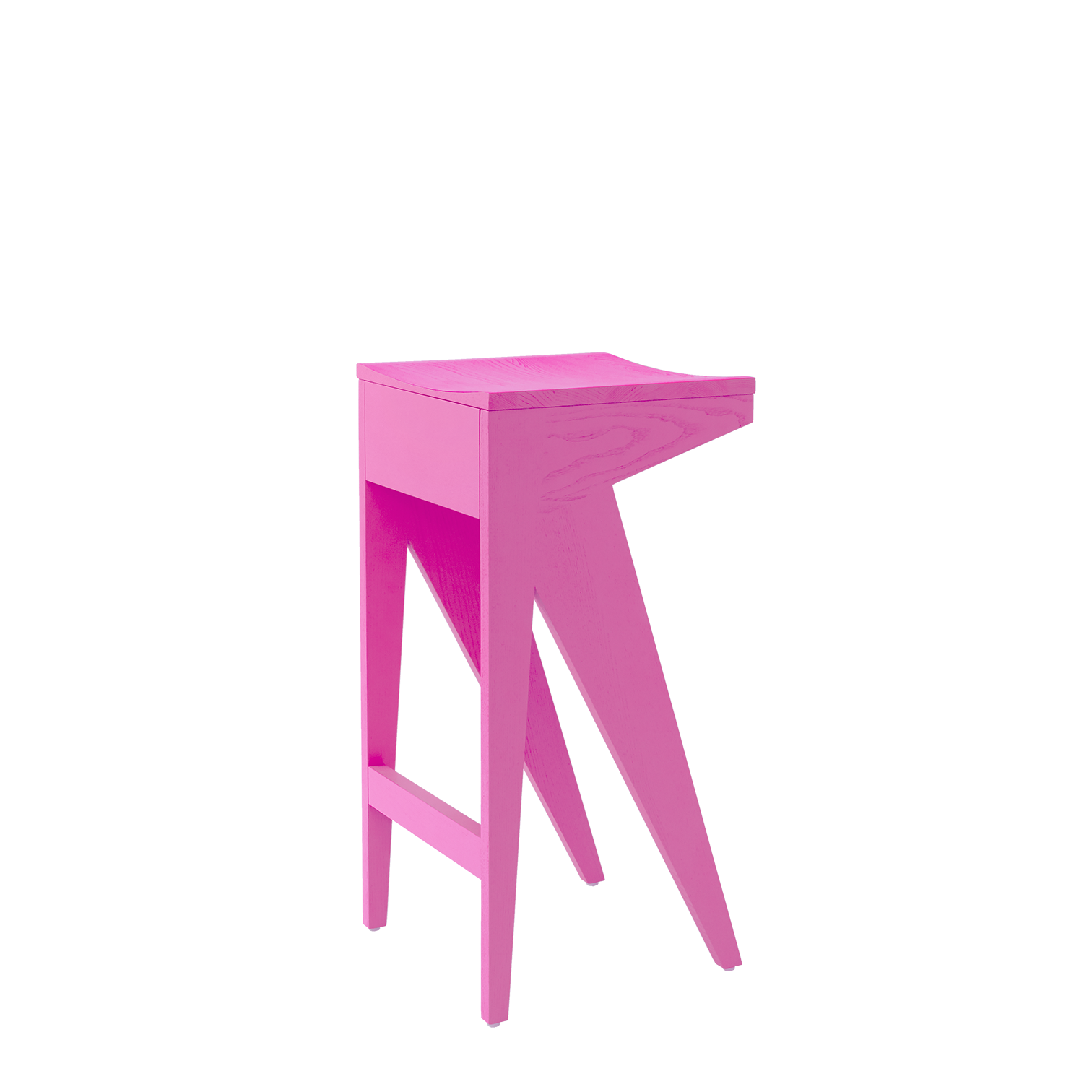 Meet the Schulz Barstool by Objekte unserer Tage: a vibrant pink piece featuring a triangular seat and angular legs. Its sleek, modern design and dynamic silhouette make it an eye-catching addition to any space.