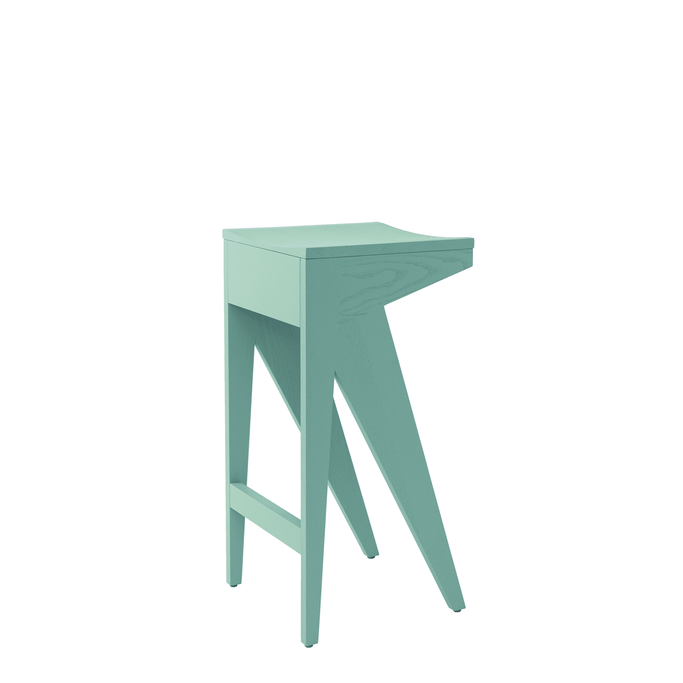 The Schulz Barstool by Objekte unserer Tage is a minimalist, modern gem in light teal, featuring an angular geometric design with a slanted seat, front legs, and a horizontal crossbar linking the back legs.