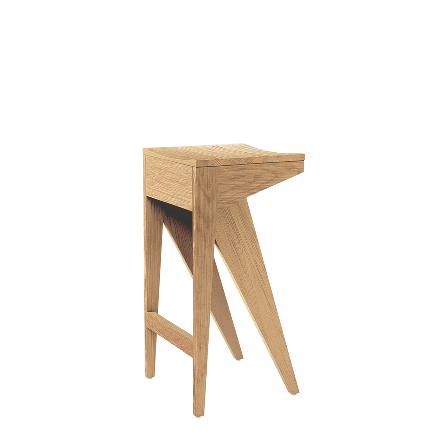 The Schulz Barstool by Objekte Unserer Tage features a modern, angular design with a dynamic silhouette. Its light, natural wood finish complements an asymmetrical charm created by its unique leg arrangement.