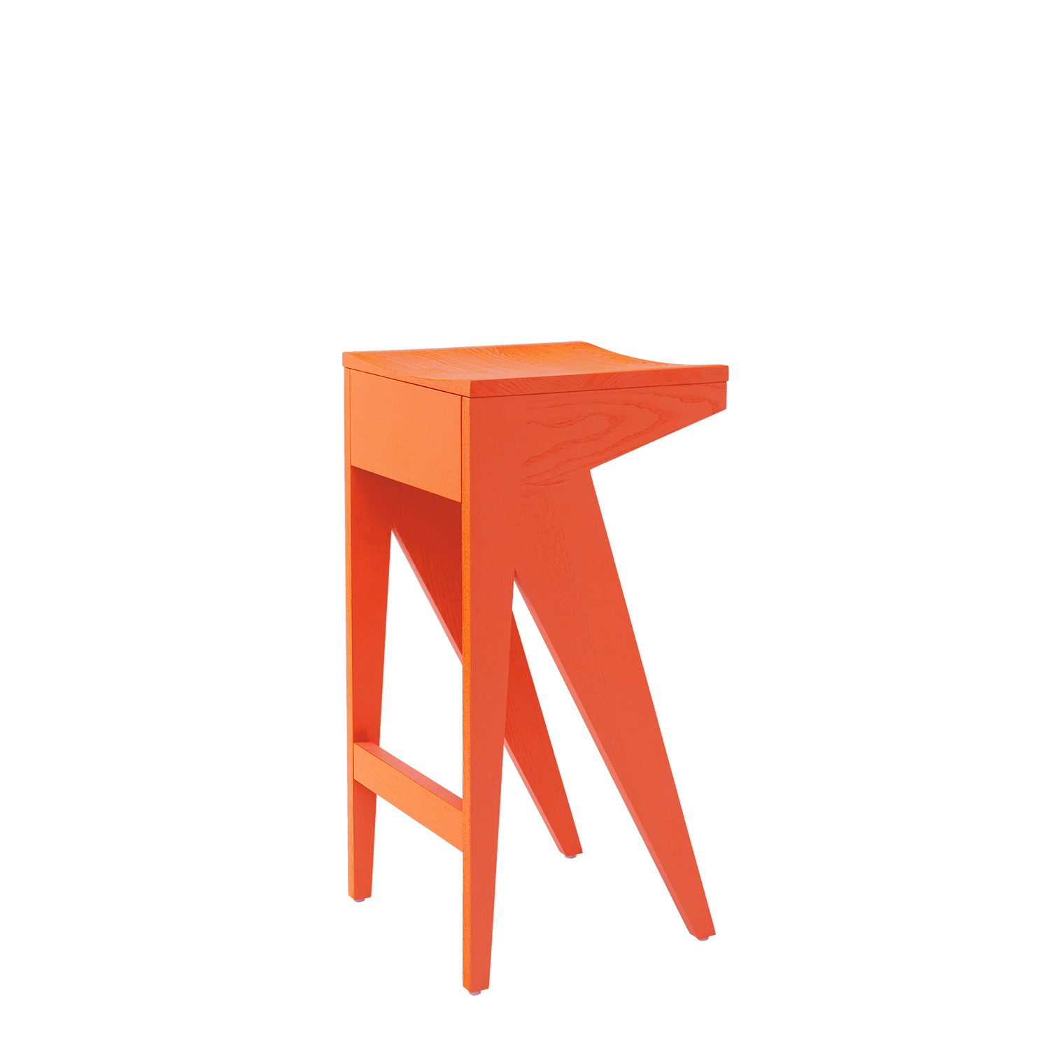 The Schulz Barstool by Objekte unserer Tage features a vibrant orange, wood-crafted dynamic silhouette with a modern, angular design, flat top, and splayed legs, showcasing a commitment to innovative style.