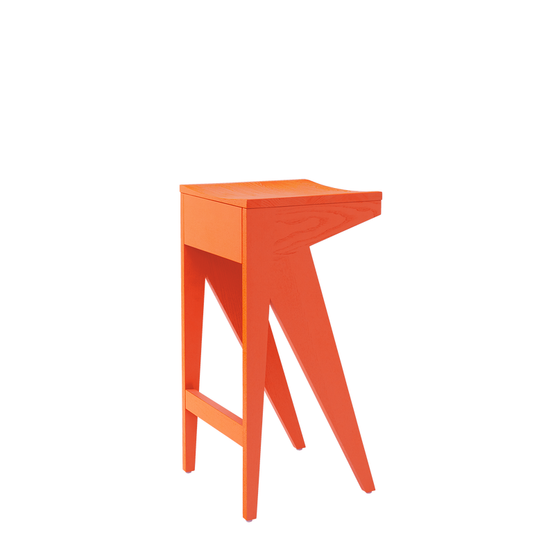 The Schulz Barstool by Objekte unserer Tage features a vibrant orange, wood-crafted dynamic silhouette with a modern, angular design, flat top, and splayed legs, showcasing a commitment to innovative style.