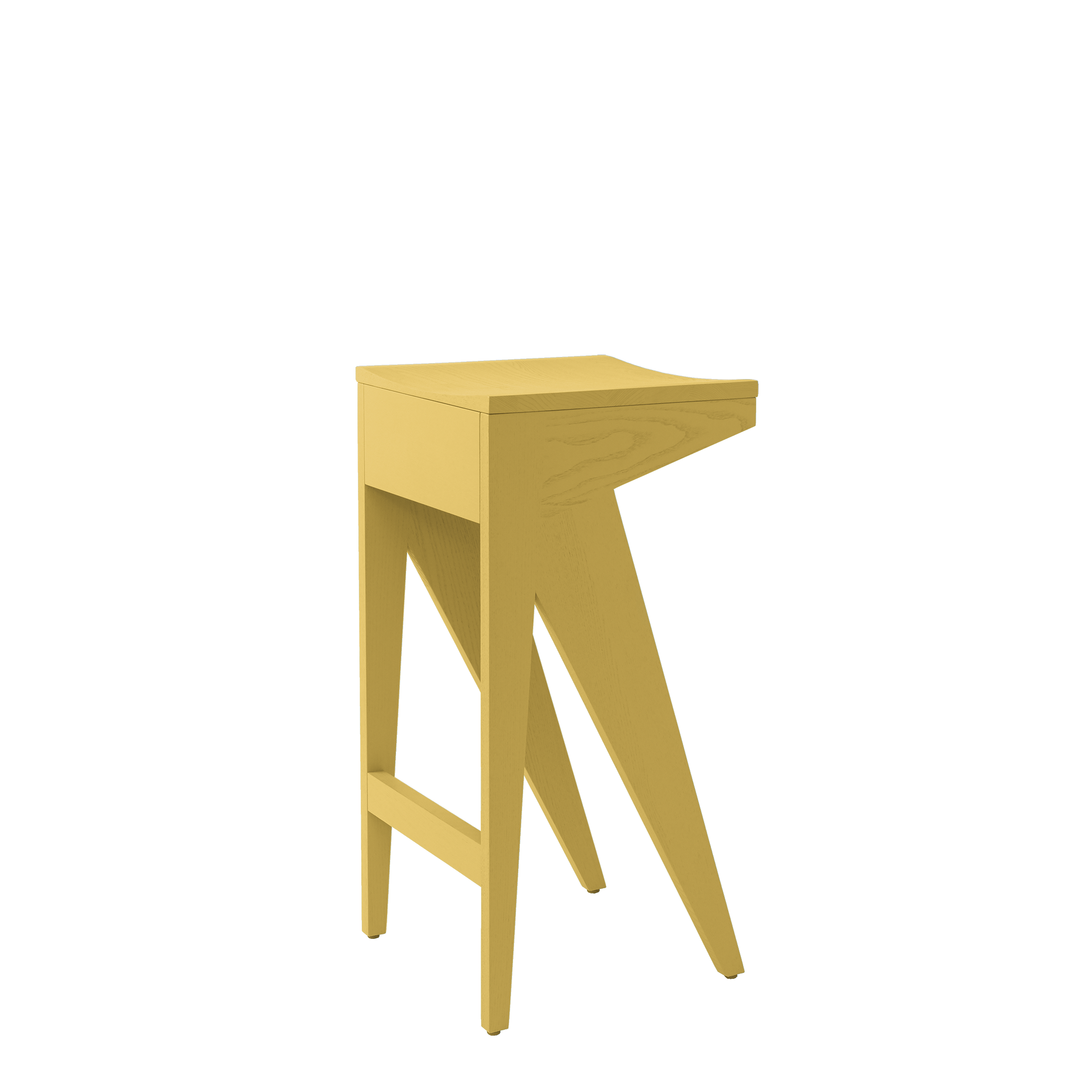 The Schulz Barstool by Objekte unserer Tage features a dynamic silhouette with its yellow wooden frame, angular triangular design, flat seat, and unique slanted legs, showcasing a modern minimalist style that highlights artistic structural elements.