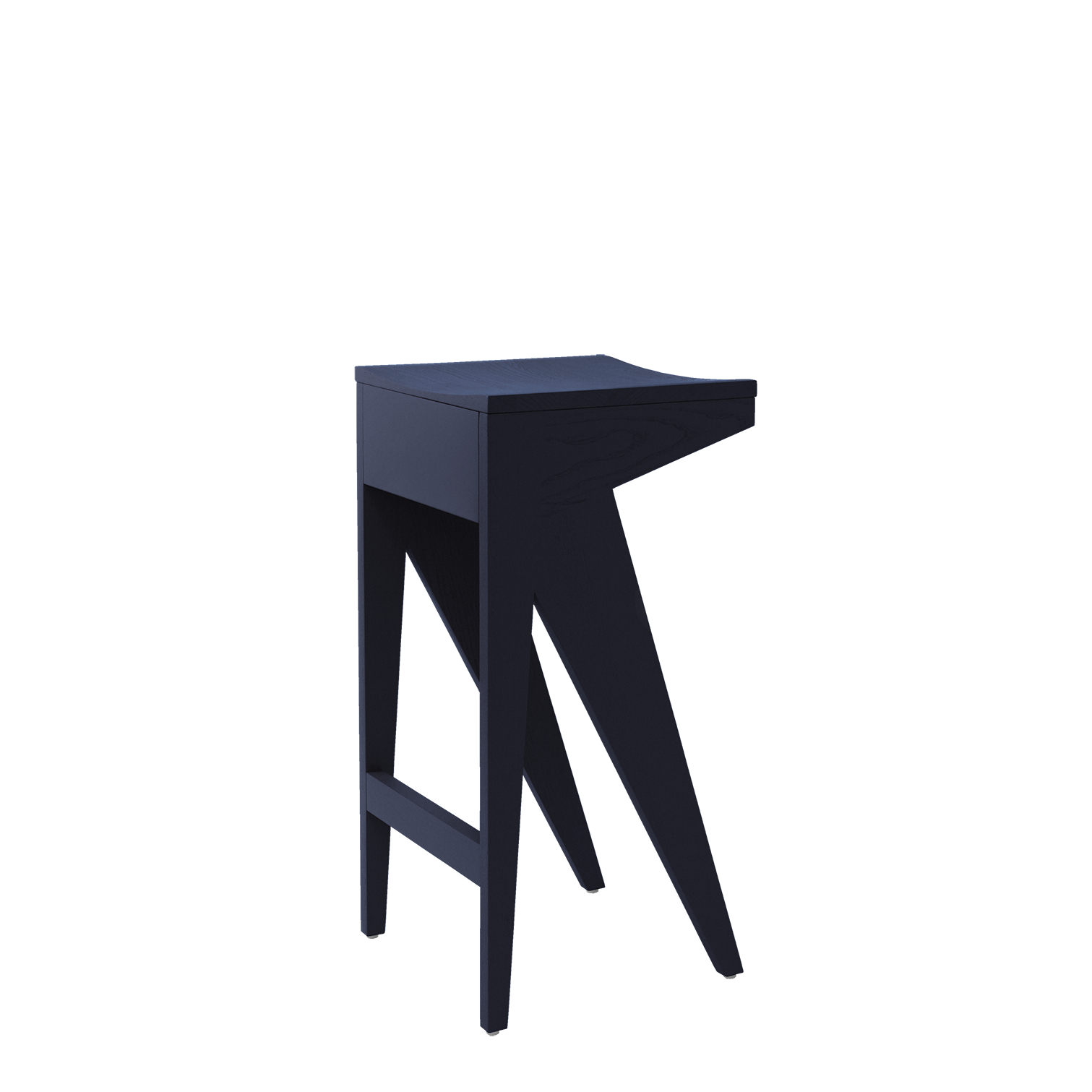 The Schulz Barstool by Objekte unserer Tage is a modern piece with a dark wooden finish and square seat, featuring angular geometric legs for a dynamic silhouette that captures clean lines and minimalist aesthetics.