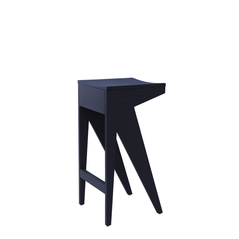The Schulz Barstool by Objekte unserer Tage is a modern piece with a dark wooden finish and square seat, featuring angular geometric legs for a dynamic silhouette that captures clean lines and minimalist aesthetics.