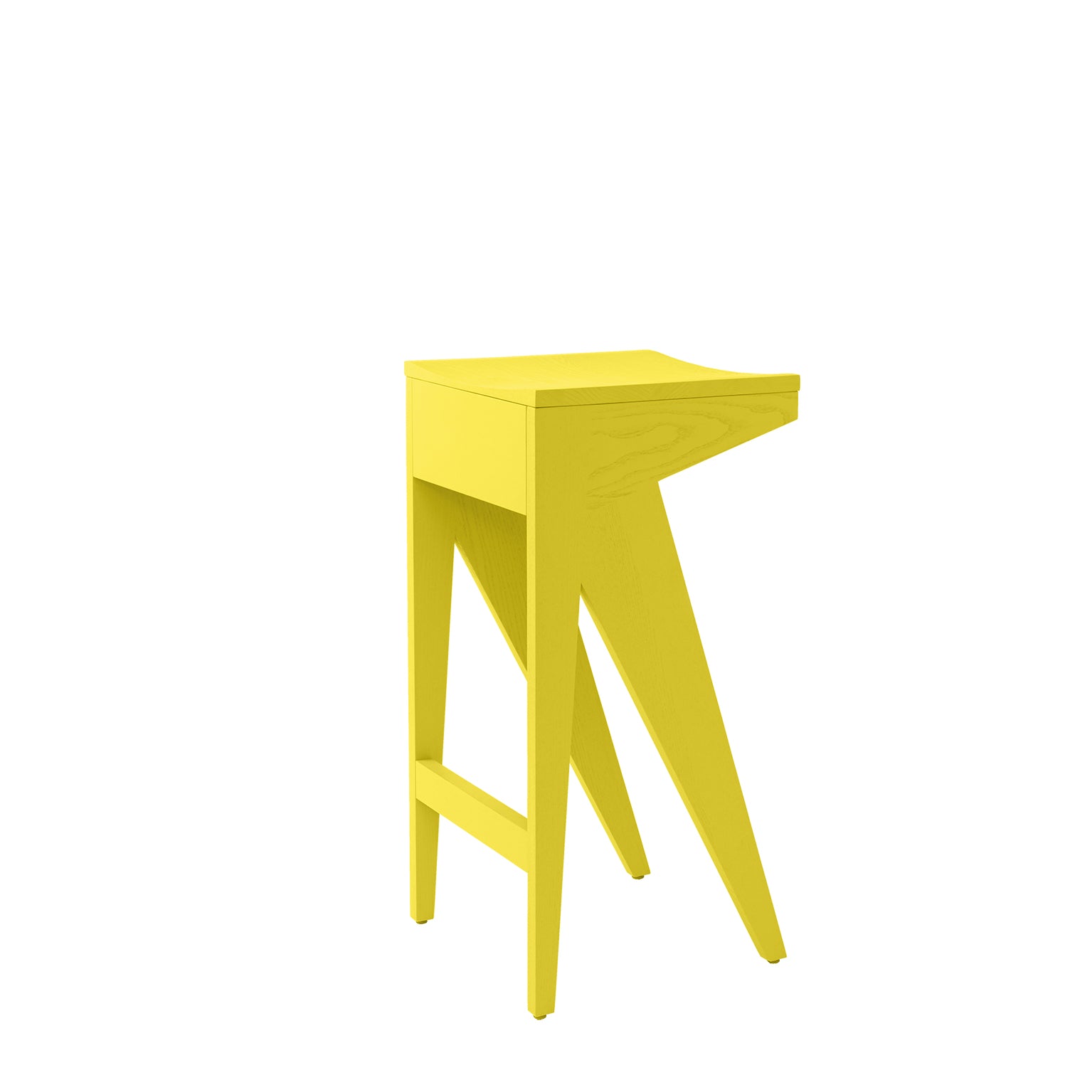 The Schulz Barstool by Objekte unserer Tage showcases a dynamic design with its modern, bright yellow color. It features an angular shape, square seat, and four legs that create a unique geometric pattern against a plain white background.