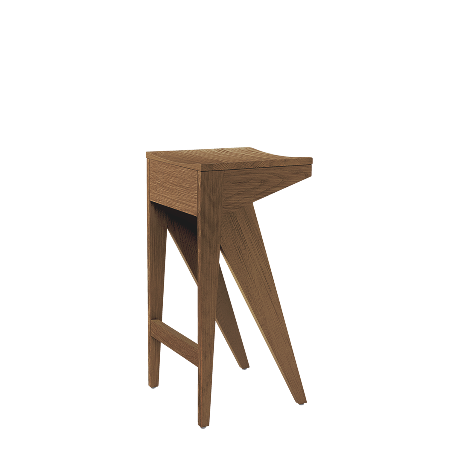 The Schulz Barstool by Objekte unserer Tage exudes an angular, modern design with a dynamic silhouette, featuring a flat rectangular seat and a unique triangular leg structure. Its wood offers a natural finish for a geometric look.
