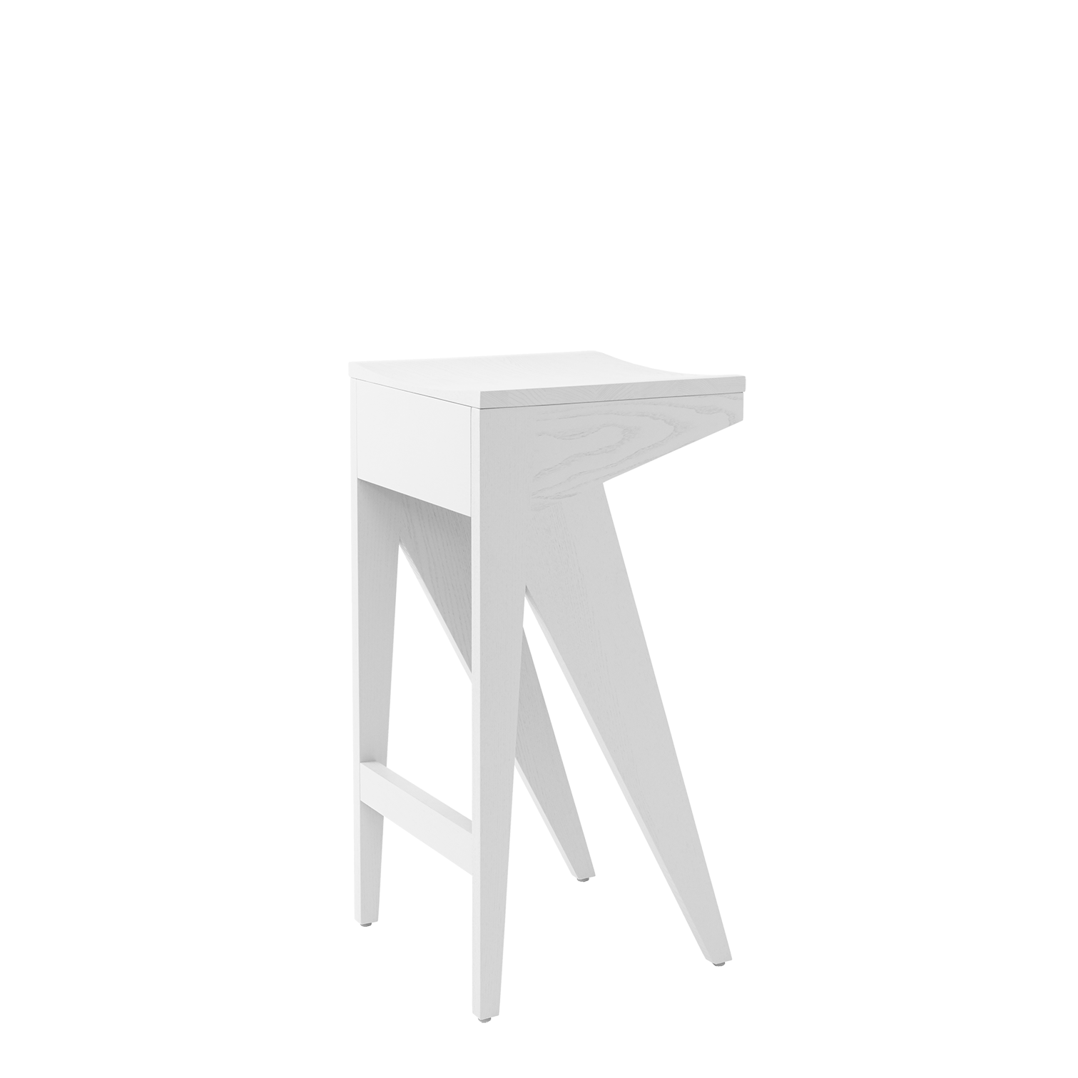 The Schulz Barstool by Objekte unserer Tage features a minimalist white design, triangular seat, and angular legs, offering a dynamic silhouette that seamlessly fits into modern interiors with clean lines and contemporary style.
