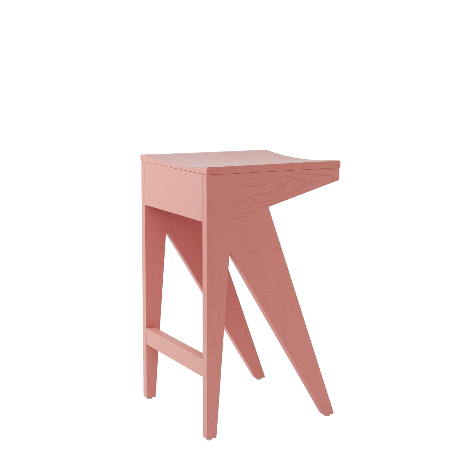 The Schulz Barstool by Objekte unserer Tage features a modern, minimalistic design with a dynamic silhouette. Its light pink finish and angled legs highlight contemporary style, set against a clean white background.