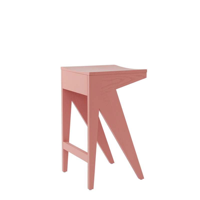 The Schulz Barstool by Objekte unserer Tage features a modern, minimalistic design with a dynamic silhouette. Its light pink finish and angled legs highlight contemporary style, set against a clean white background.
