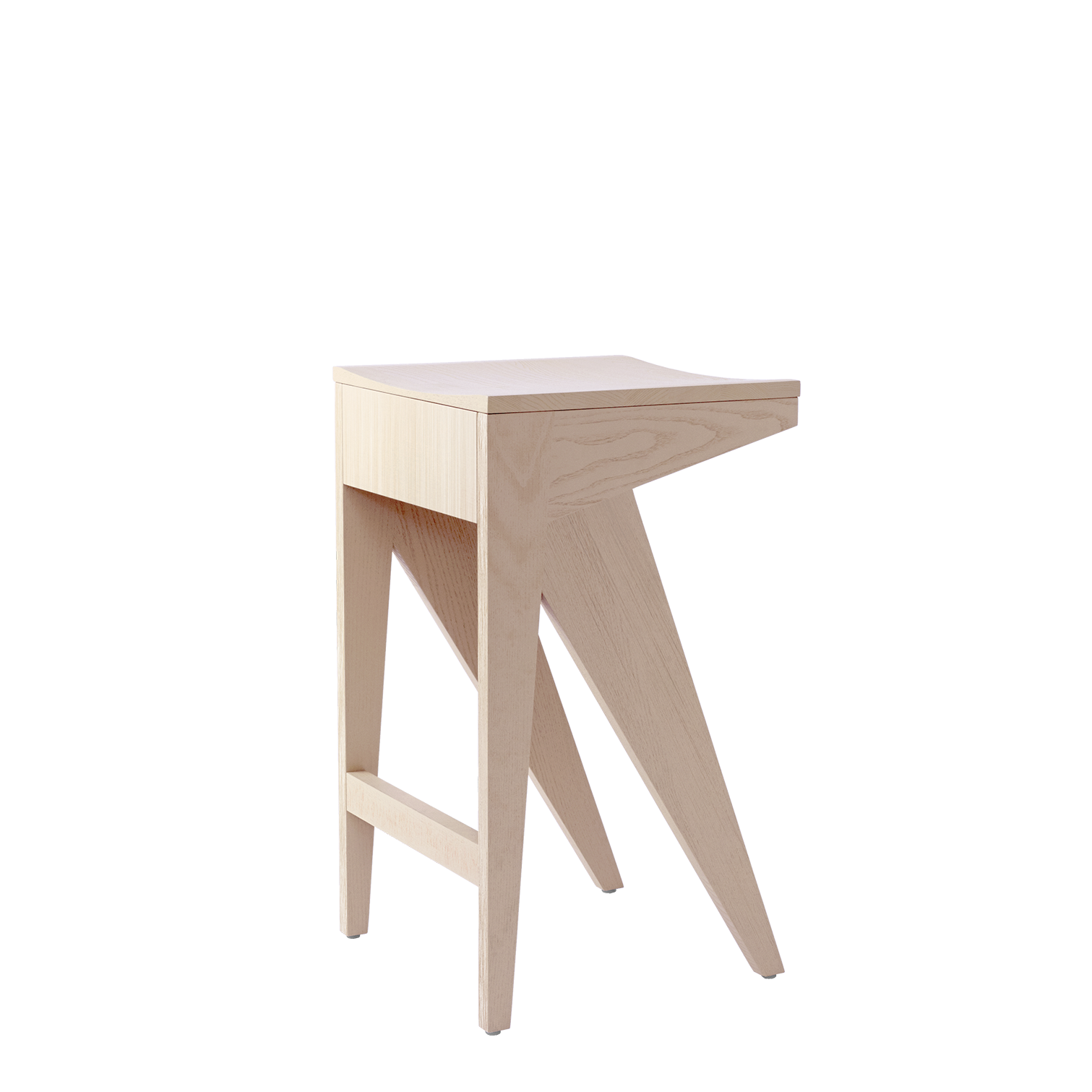 The Schulz Barstool by Objekte unserer Tage is a modern, beige wooden piece with an angular, triangular leg design and dynamic silhouette, featuring a smooth surface. It rests on a white background.