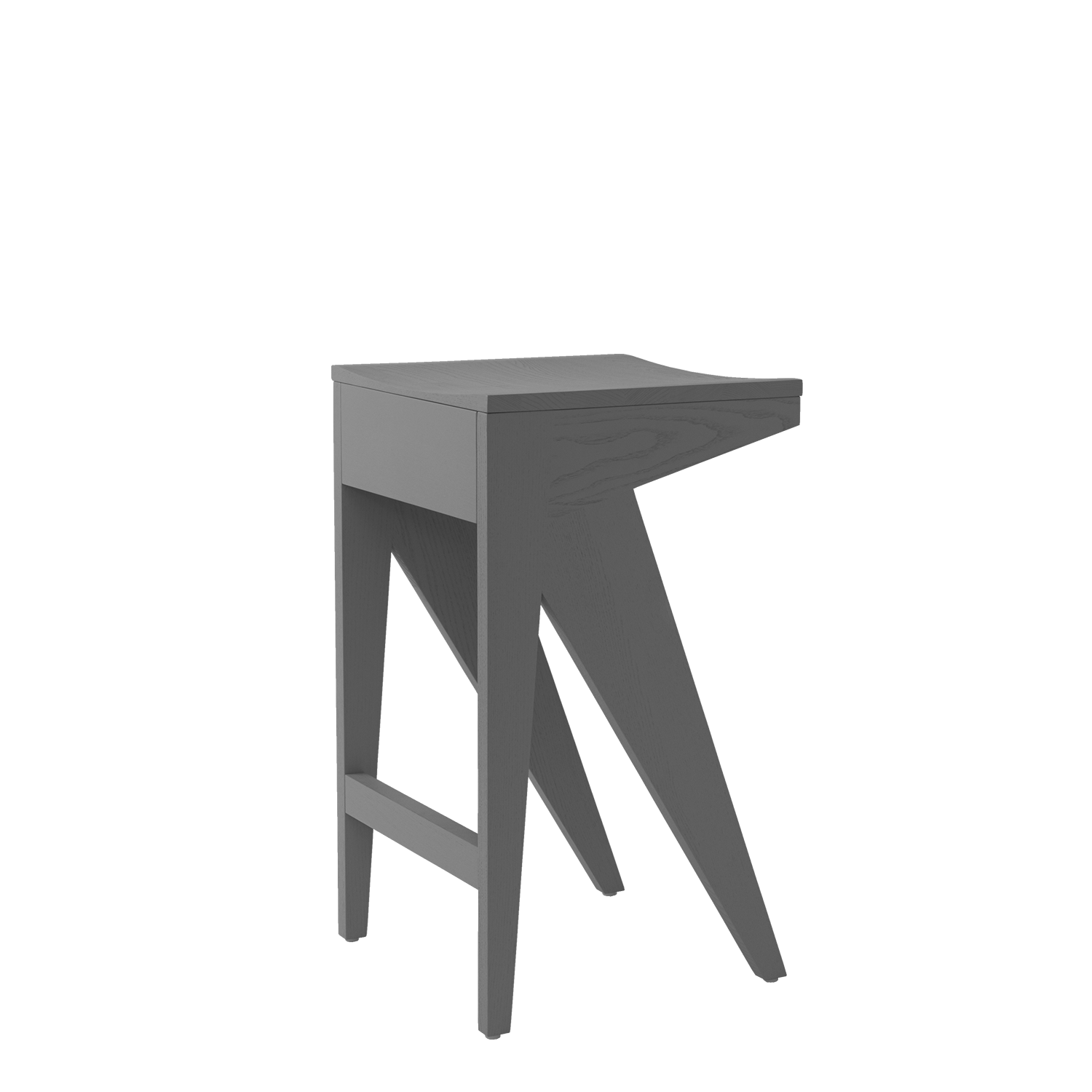 Introducing the Schulz Barstool from Objekte unserer Tage, a modern, minimalist wooden piece. Its angular design and dark finish, with straight lines and geometric shapes, create a sleek, contemporary look.