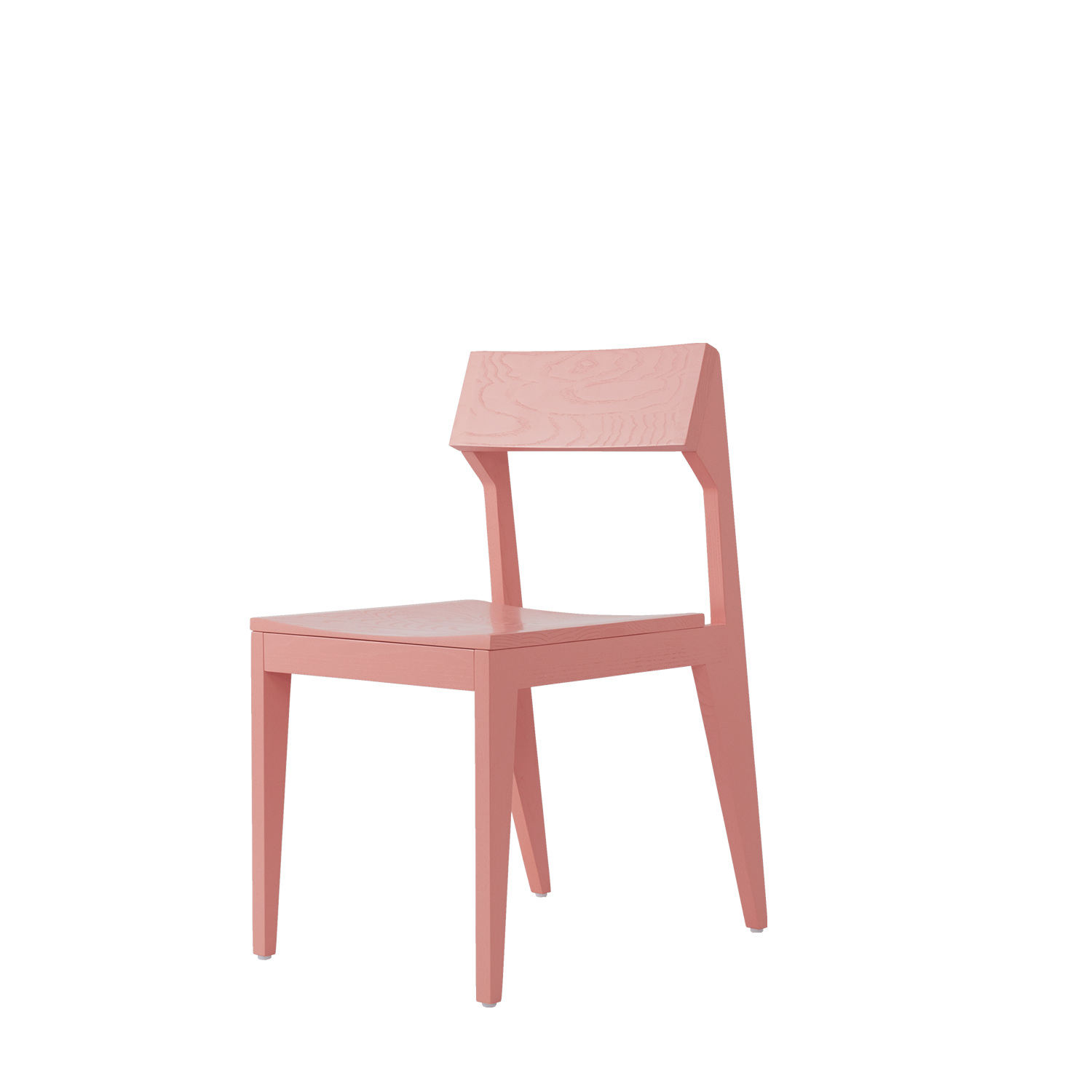 The Schulz Chair by Objekte unserer Tage is a modern, minimalist pink wooden chair made from solid ash. It features an angular design with a straight backrest, flat seat, and slightly tapered legs, combining contemporary style with durability.