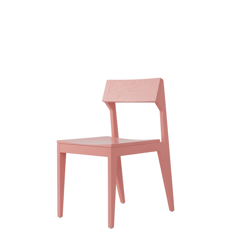 The Schulz Chair by Objekte unserer Tage is a modern, minimalist pink wooden chair made from solid ash. It features an angular design with a straight backrest, flat seat, and slightly tapered legs, combining contemporary style with durability.