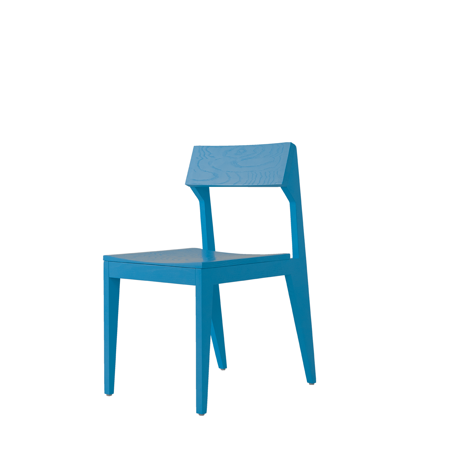 The Schulz Chair by Objekte unserer Tage is a durable, minimalist blue chair with a square seat and slightly angled backrest. Crafted from solid ash wood, it features four straight legs and a simple, modern design.