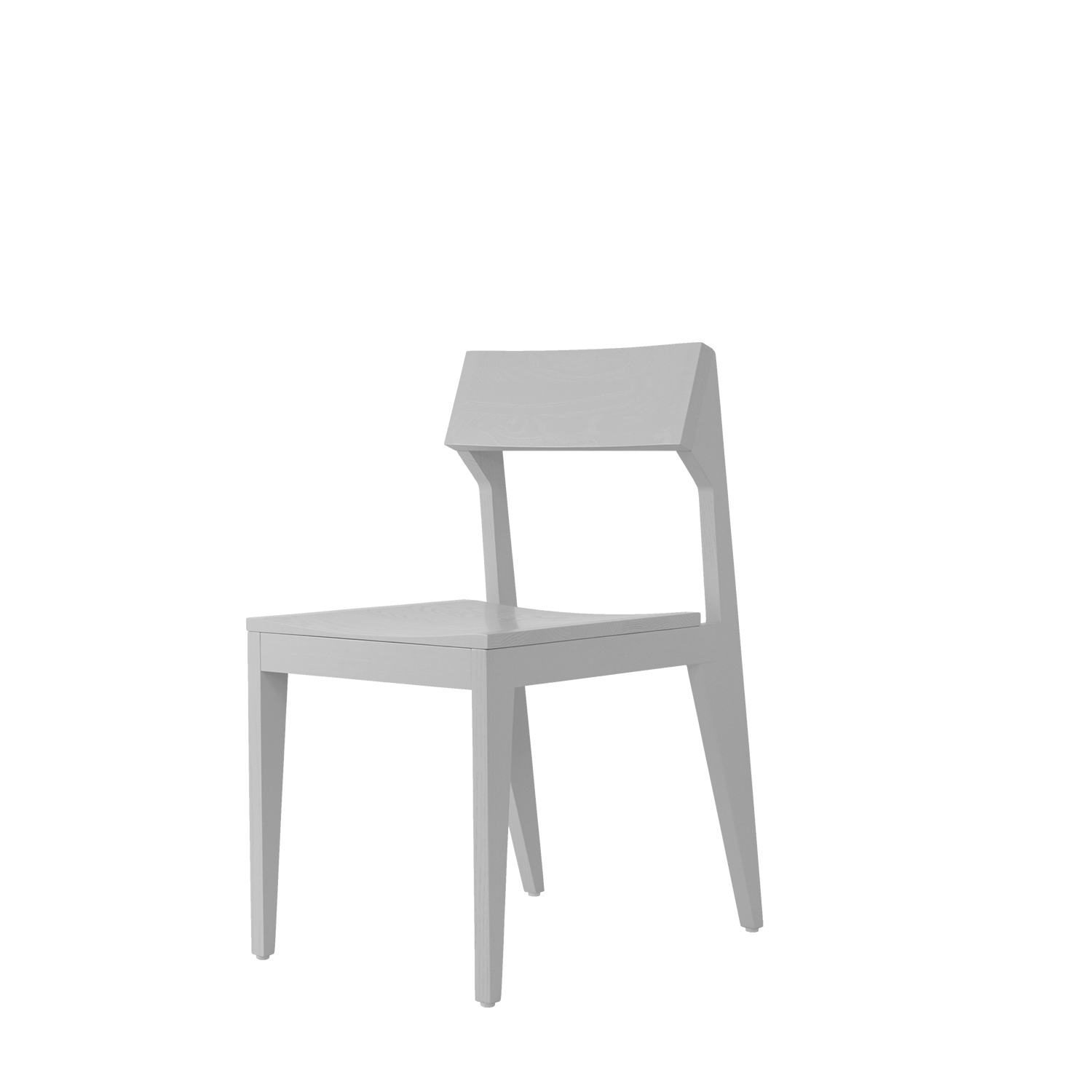 The minimalist Schulz Chair by Objekte unserer Tage boasts a geometric design made from solid ash wood, highlighting straight lines and a strong backrest. Its flat seat in light gray contrasts elegantly with the crisp white backdrop.