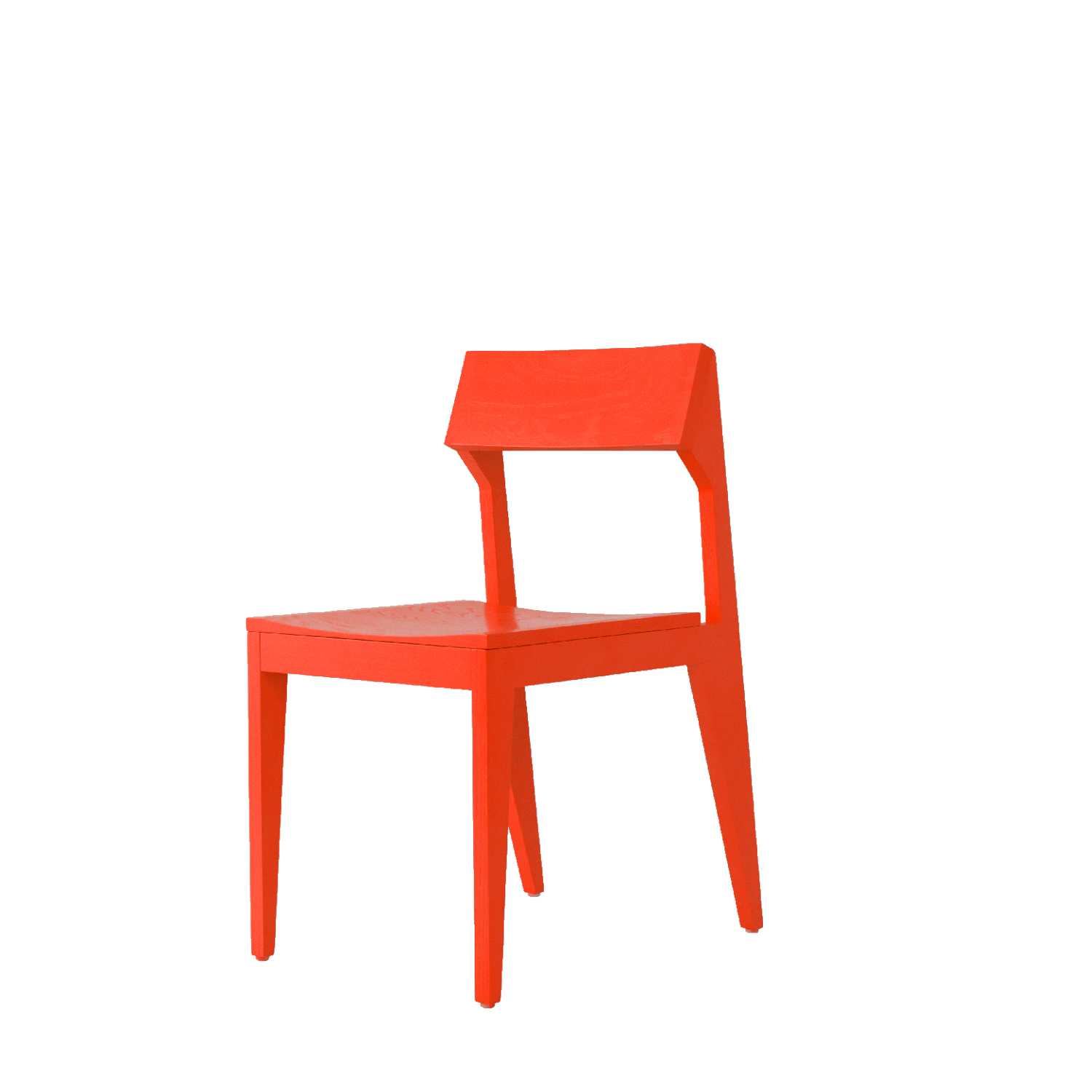 The Schulz Chair by Objekte unserer Tage is a modern, minimalist piece in red, crafted from solid ash wood. It features a slightly angled backrest, flat seat, and four straight legs, elegantly standing against a white background.