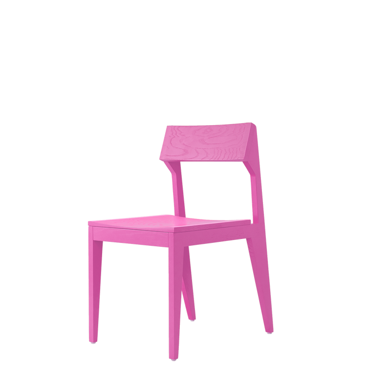 The Schulz Chair by Objekte unserer Tage features a modern, bright pink design crafted from solid ash wood. It has a flat seat, slightly angled backrest, and stands on four straight legs against a white background, embodying SCHULZs signature style.