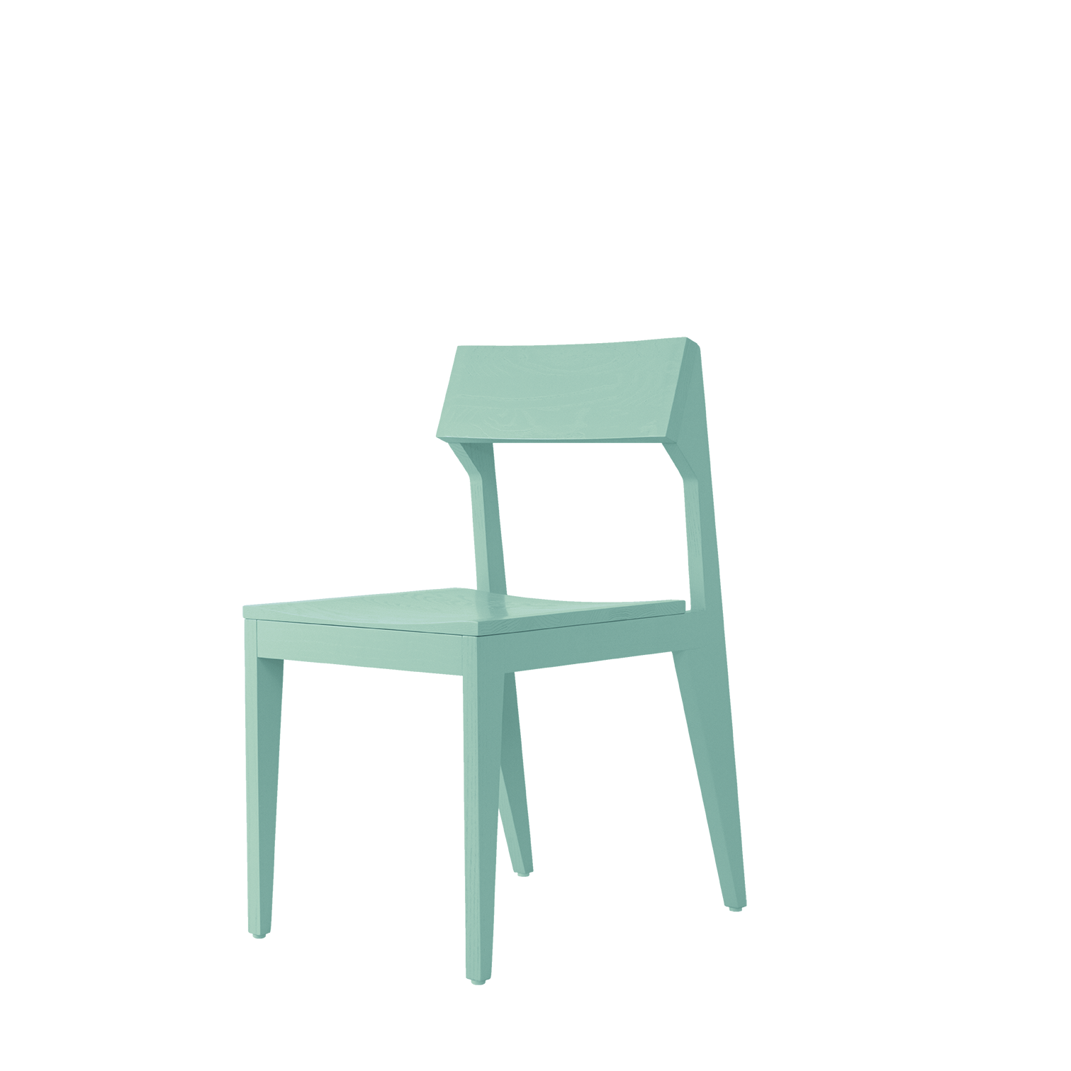 The Schulz Chair by Objekte unserer Tage is a pastel blue piece with a minimalist look, crafted from solid ash wood. It has a flat seat, straight legs, and an angled backrest. The durable chair is shown against a white background.