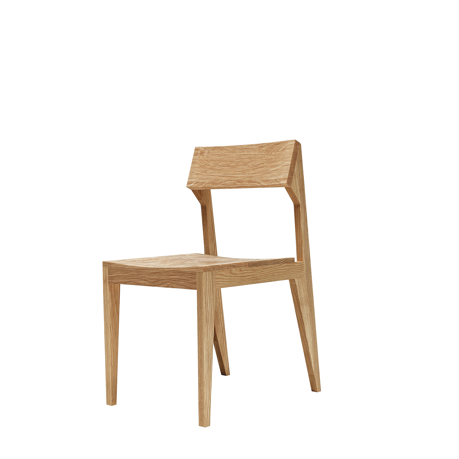 The Schulz Chair by Objekte unserer Tage is a minimalist wooden chair made from solid ash with a natural finish, featuring a sleek geometric design, slightly angled backrest, and four slender legs for durability. It embodies contemporary elegance.