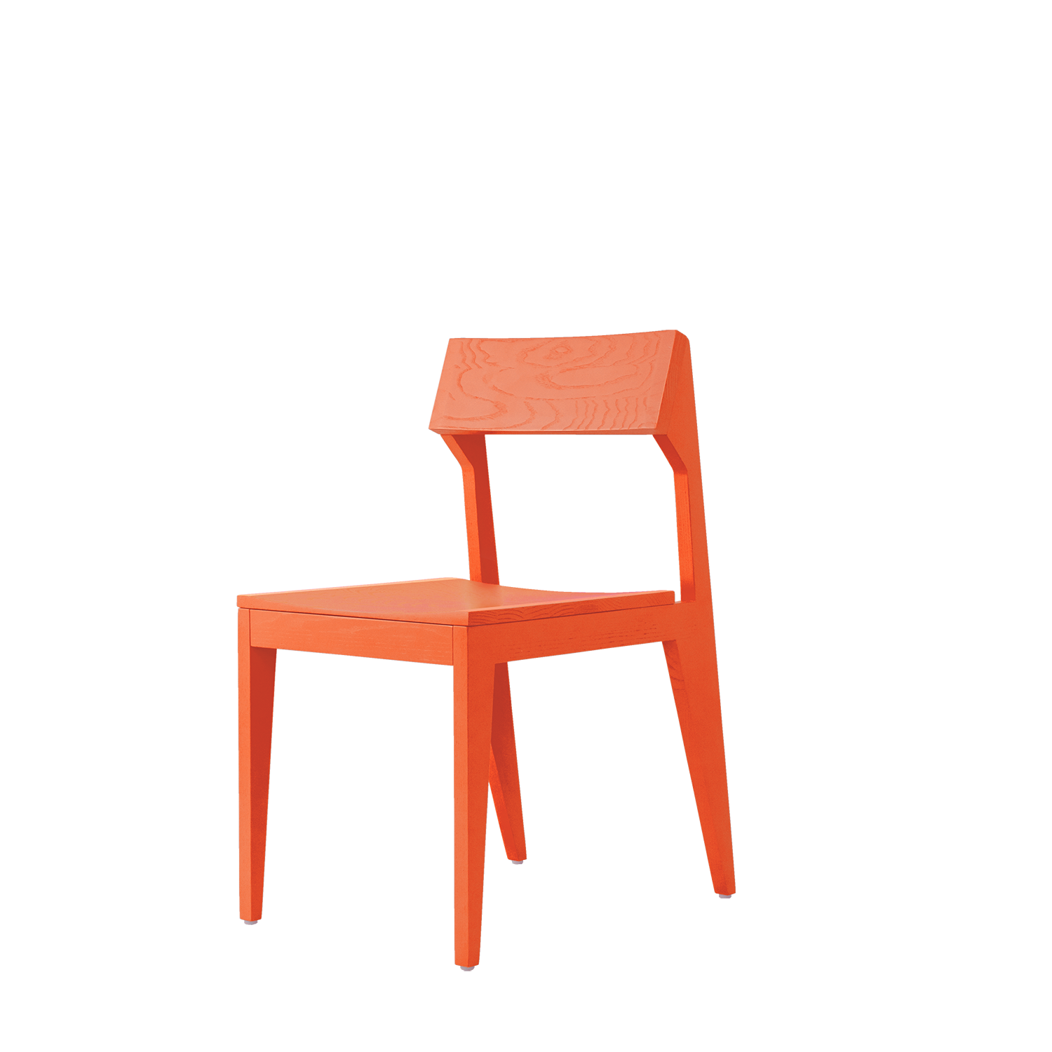 The Schulz Chair by Objekte unserer Tage is a modern, orange wooden chair made from solid ash. It has an angular design with a flat backrest, square seat, and four straight legs, showcased against a white background to highlight its durable elegance.