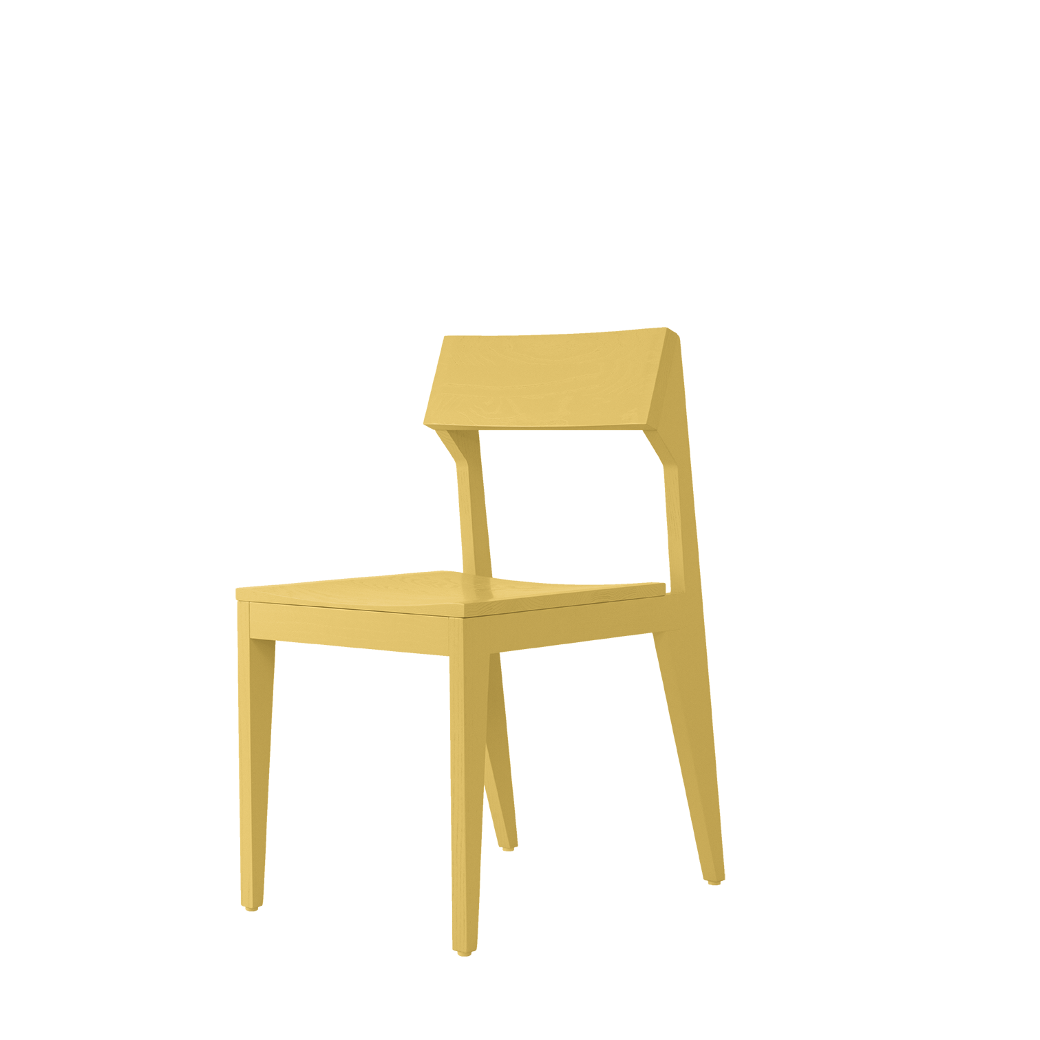 The Schulz Chair by Objekte unserer Tage is a simple, modern yellow wooden chair made from solid ash wood. It features a squared backrest and four straight legs on a plain white background, embodying the essence of durability with a distinctive SCHULZ design.