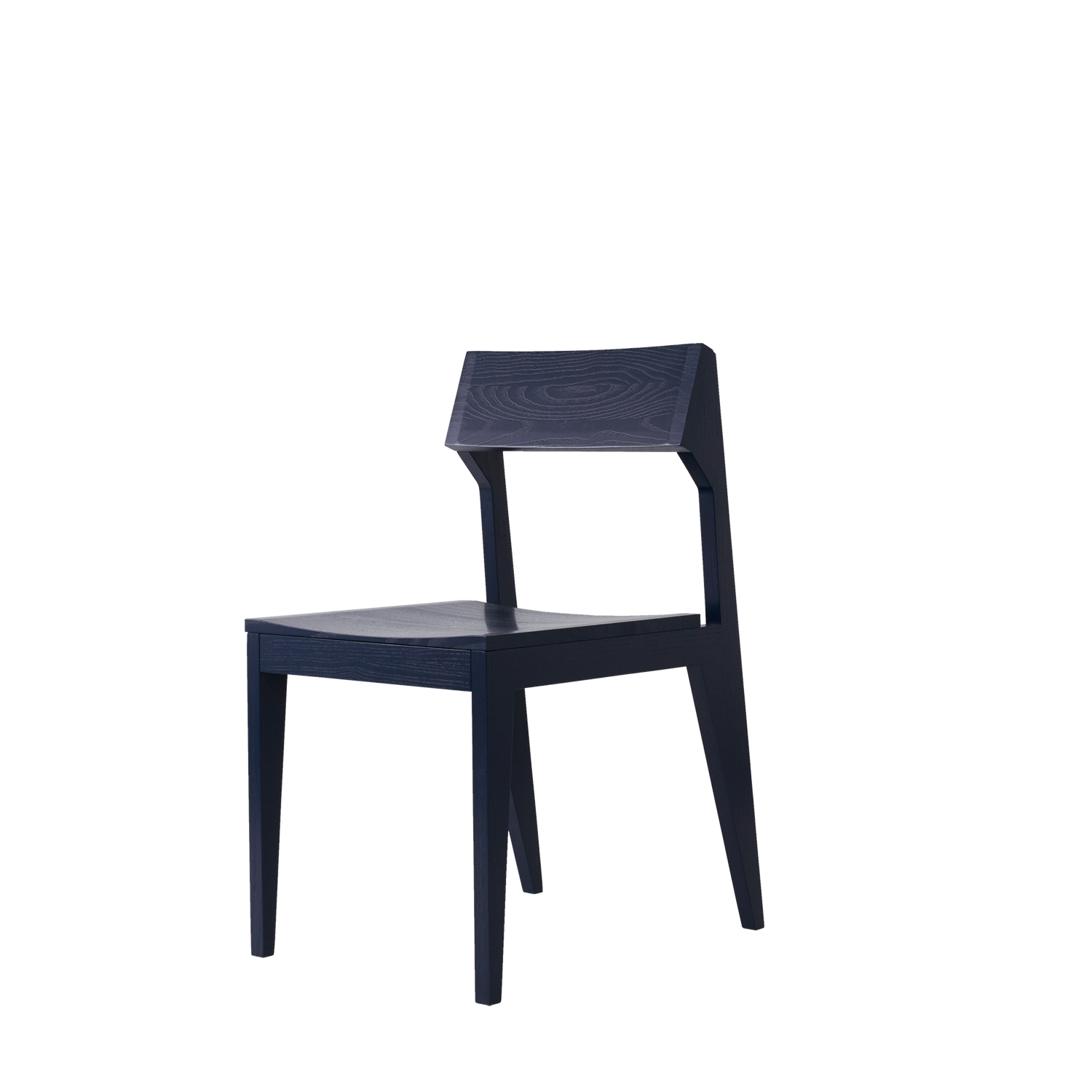 The Schulz Chair by Objekte unserer Tage, with its sleek and modern black design crafted from solid ash wood, showcases a slightly angled backrest and minimalist style. Its placement against a white background emphasizes SCHULZs commitment to quality, style, and durability.