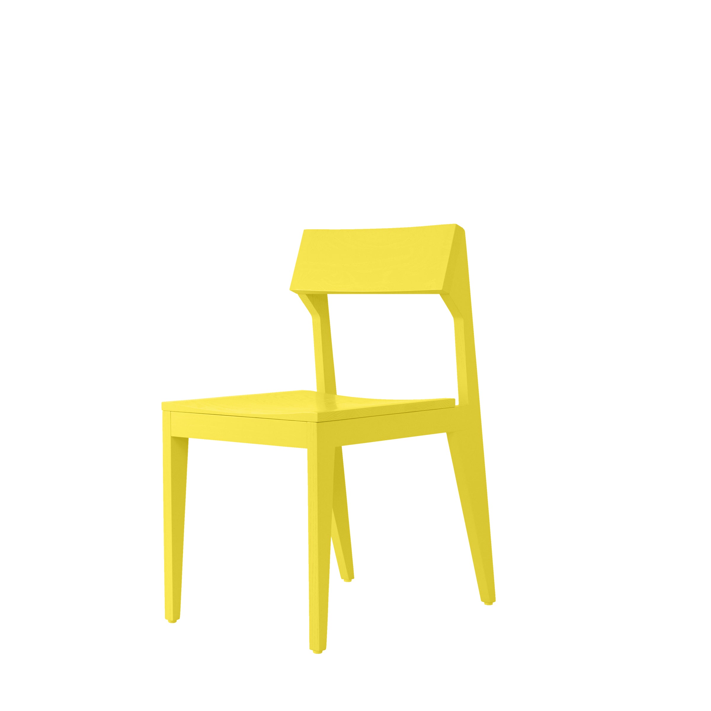 The bright yellow Schulz Chair from Objekte unserer Tage features a minimalist style with angled legs and a rectangular backrest. Made from solid ash wood, it offers both style and durability, all showcased against a plain white background.