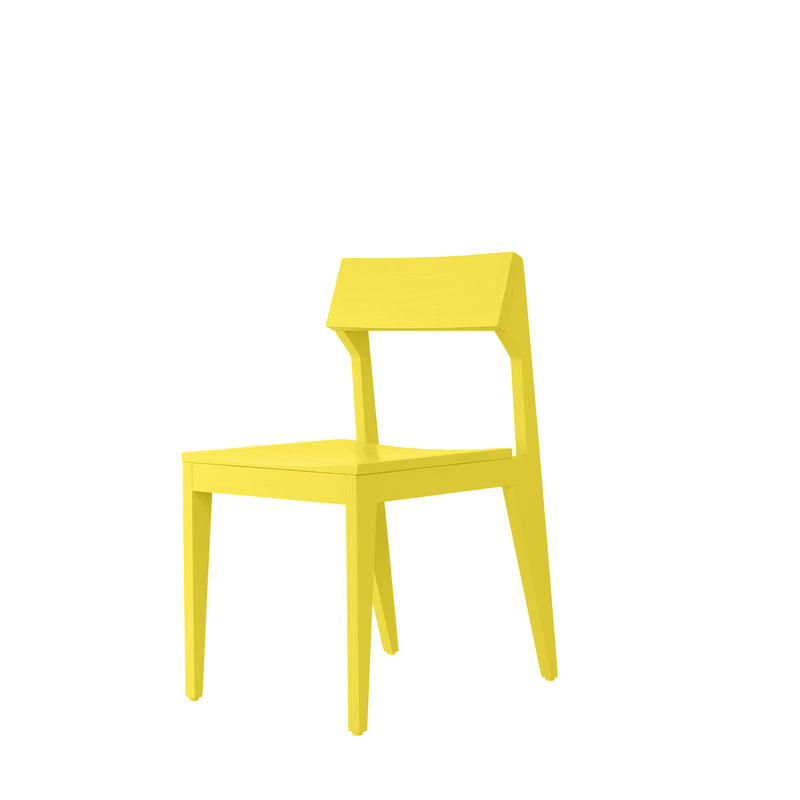 The bright yellow Schulz Chair from Objekte unserer Tage features a minimalist style with angled legs and a rectangular backrest. Made from solid ash wood, it offers both style and durability, all showcased against a plain white background.
