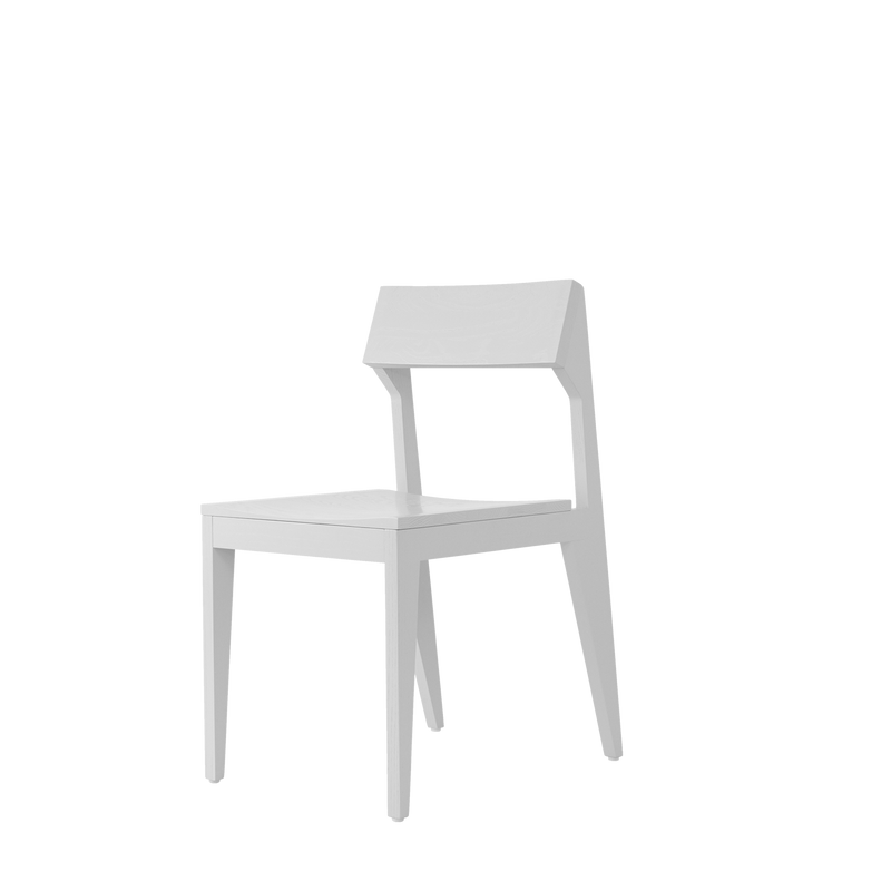 The SCHULZ Chair by Objekte unserer Tage is a minimalist piece with a solid ash wood build. It features a simple design, straight backrest, and four legs, elegantly showcased against a plain white background.