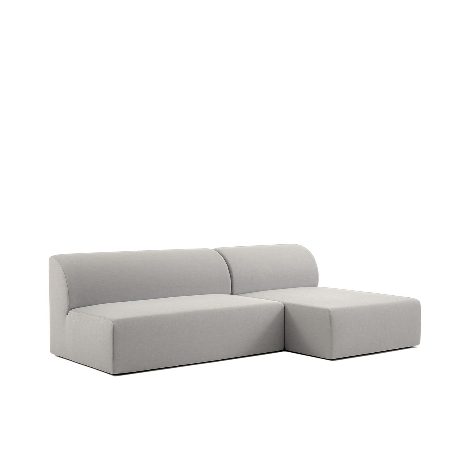 Experience the allure of German sensuality with the Objekte unserer Tage Weber Modular Sofa, featuring a modern gray design, clean lines, a two-seater, and right-side chaise. Its smooth upholstery offers comfort against a minimalist white backdrop.