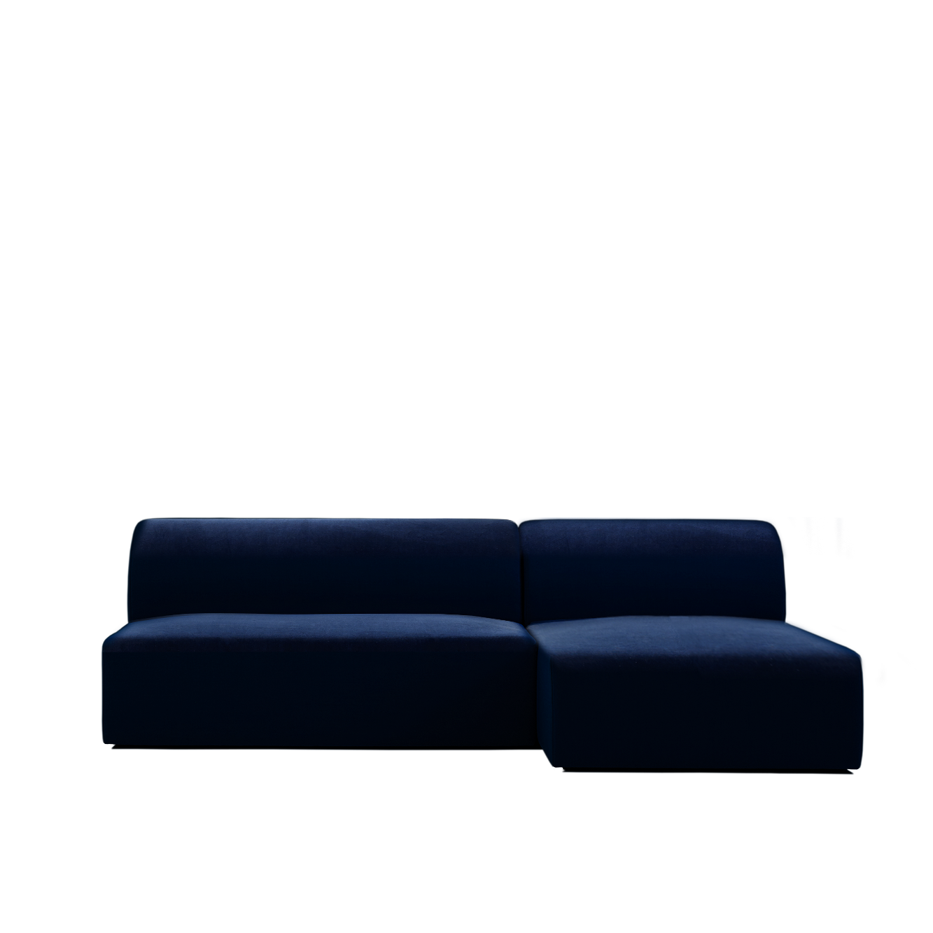 The Objekte unserer Tage Weber Modular Sofa is a sleek, dark blue sectional with a left-facing chaise lounge. Its smooth fabric and minimalistic design contrast elegantly against a white background, showcasing contemporary style and subtle German sensuality.